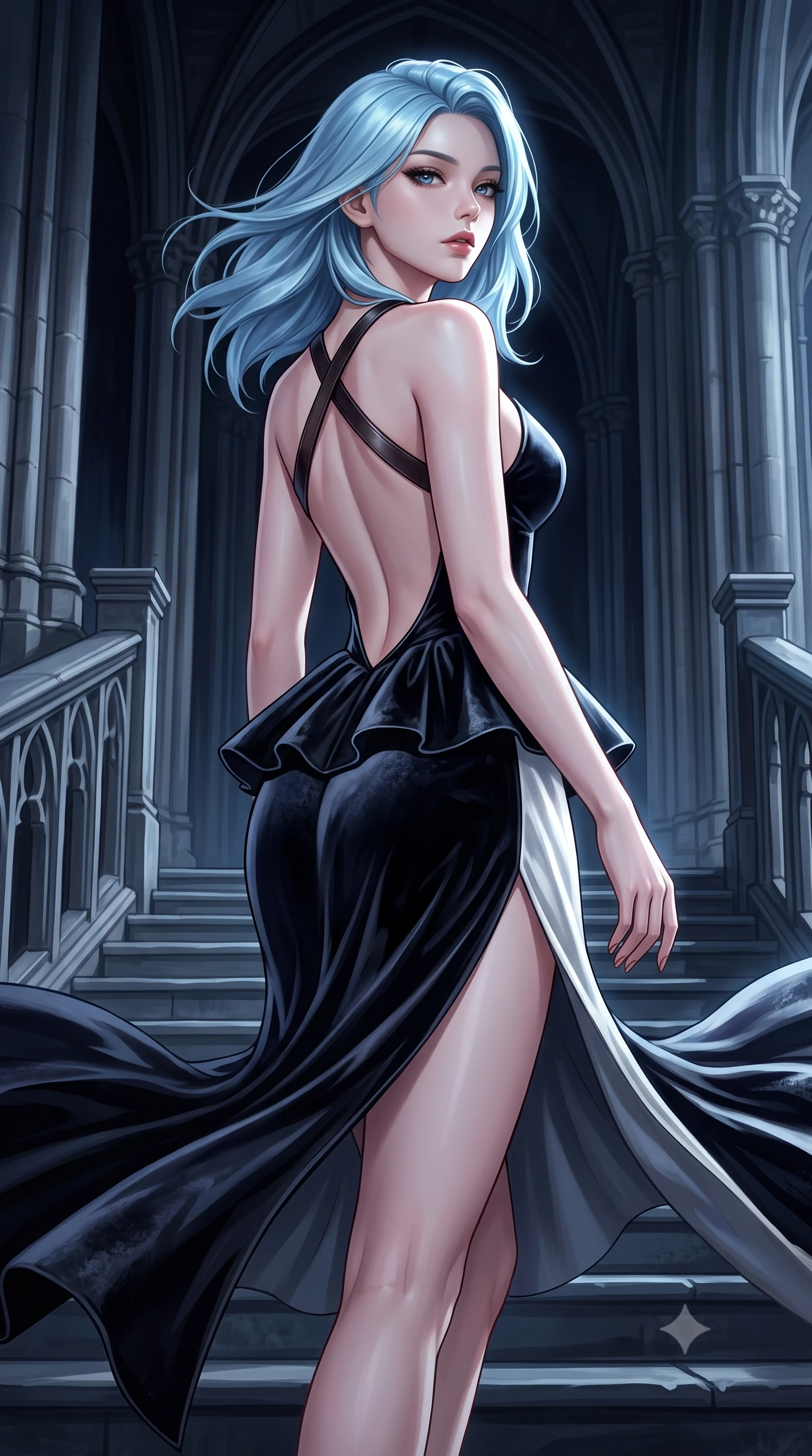 score_9, masterpiece, best quality, ultra-detailed, high-budget anime keyframe, semi-realistic 3D game render, editorial fashion photography, tasteful artistic composition, Korean woman. close-up cowboy shot from the waist and thighs up, the character dominates the composition, filling the frame with her large presence. tilting her chin up with proud, sovereign allure while gazing through thick eyelashes with an irresistible, dangerous bedroom-gaze while descending the cold cathedral steps with fluid supermodel momentum, the night wind fluttering her dark drapery. The surrounding environment is rendered in vivid detail and crisp panoramic clarity. monumental high-contrast gothic chiaroscuro and sacred nocturnal architecture in sharp clarity. She has an exceptionally elegant, slender, and willowy female figure with an ultra-slim waist, a gracefully sculpted slender torso, toned flat midriff, and a refined slim silhouette. sharp v-shaped jawline, high-bridge nose, intricate jewel-like eyes with depth, thick eyelashes, glossy parted lips with a natural sheen, intensely captivating and seductive expression, flawlessly proportioned anatomical accuracy, strict slender model proportions, natural body alignment, perfectly sculpted long slender limbs, ultra-slim waistline, clean dynamic posture without body distortion. wearing an architectural peplum corset dress with crossed back straps and a high side slit in high-contrast black velvet and pearl white, crafted from heavyweight crushed silk velvet with liquid luster, featuring an open-back criss-cross harness strap in dark leather, the dramatically scooped open back descending to the base of her spine, accentuating her razor-sharp statuesque lines and slim hourglass silhouette. surrounded by an immortal, transcendent, and breathtakingly majestic gothic siren aura. highly saturated vibrant anime colors, detailed shading with soft gradients, rich glossy textures, high-contrast stereoscopic depth, volumetric dynamic lighting, master piece, 9:16 ratio