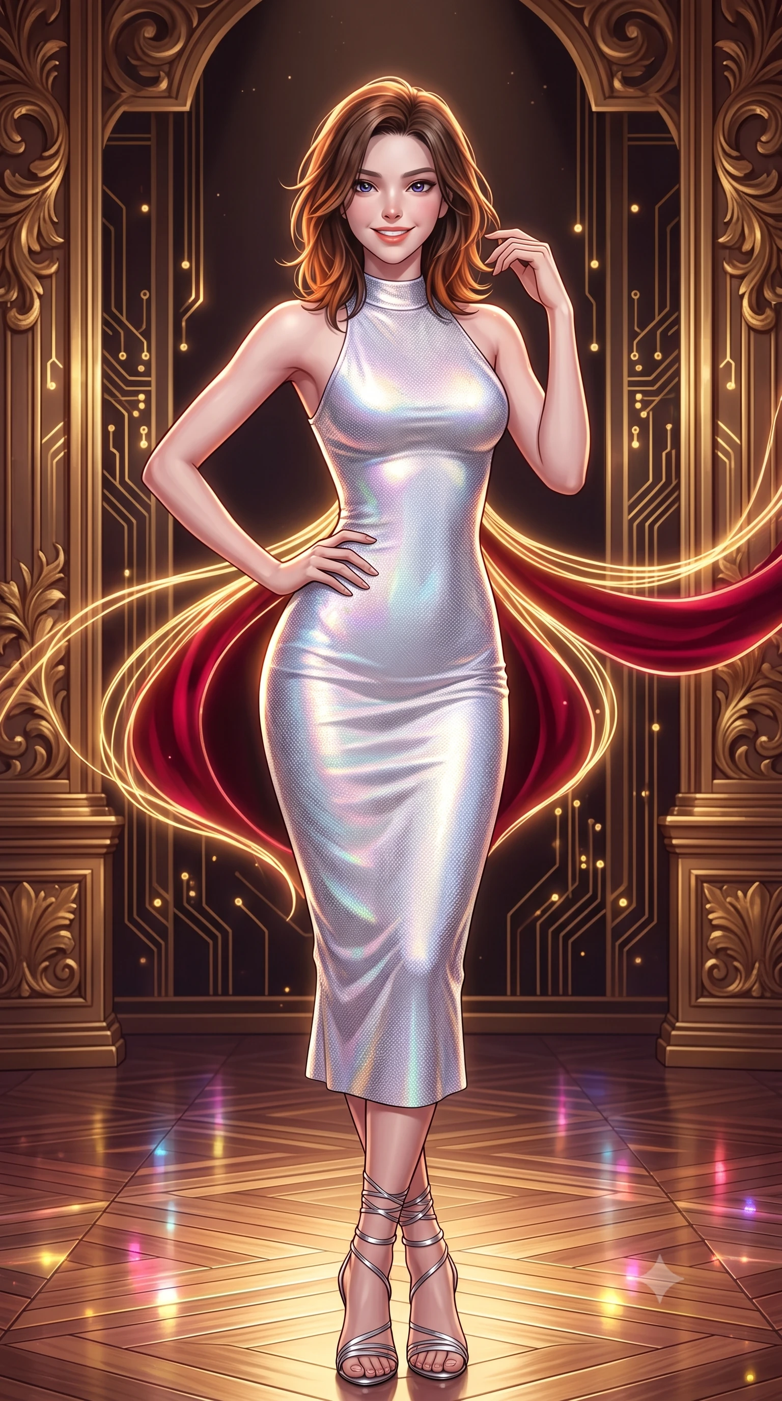 score_9, masterpiece, best quality, ultra-detailed, high-budget anime keyframe, semi-realistic 3D game render, editorial fashion photography, tasteful artistic composition, Korean woman. close-up cowboy shot from the waist and thighs up, the character dominates the composition, filling the frame with her large presence. twisting her slender torso in an alluring contrapposto stance, one hand resting on her sculpted hip while her fingers toy with her hair with effortless poise while twisting her slender torso in an alluring contrapposto stance, fiber-optic gold filigree and crimson velvet light wrapping around her narrow waist and curvy hips. The surrounding environment is rendered in vivid detail and crisp panoramic clarity: sharp hand-carved gilded wood reliefs, pulsing gold micro-circuitry inlays, and polished stage parquet reflections in deep focus. She has an exceptionally elegant, slender, and willowy female figure with an ultra-slim waist, flat toned midriff, narrow ribcage, and sculpted feminine hips creating an alluring, slim hourglass silhouette without bulk. sharp v-shaped jawline, high-bridge nose, intricate jewel-like sparkling eyes with depth, thick eyelashes, glossy parted lips with a natural peach sheen, bright cheerful beaming smile with an enchanting and coquettish sensual glint, exuding both youthful cute charm and seductive allure, flawlessly proportioned anatomical accuracy, strict slender model proportions, natural body alignment, perfectly sculpted long slender limbs, ultra-slim waistline, clean dynamic posture without body distortion. wearing a body-contouring metallic lurex knit midi dress casting radiant starlight shimmer across her flat midriff in holographic prismatic pearl and titanium white, woven from structured carbon-fiber jacquard with rich textural depth, complemented by strappy stiletto sandals with metallic ankle wraps accentuating her slender calves, the glove-like clinging cut tightly following the natural contour of her hips and long slender legs with youthful 8.5-heads elegance. illuminated by polished parquet reflection bounce and sharp gold-plasma rim lights sculpting her jawline, narrow waist, and curvy hips. highly saturated vibrant anime colors, detailed shading with soft gradients, rich glossy textures, high-contrast stereoscopic depth, volumetric dynamic lighting, master piece, 9:16 ratio