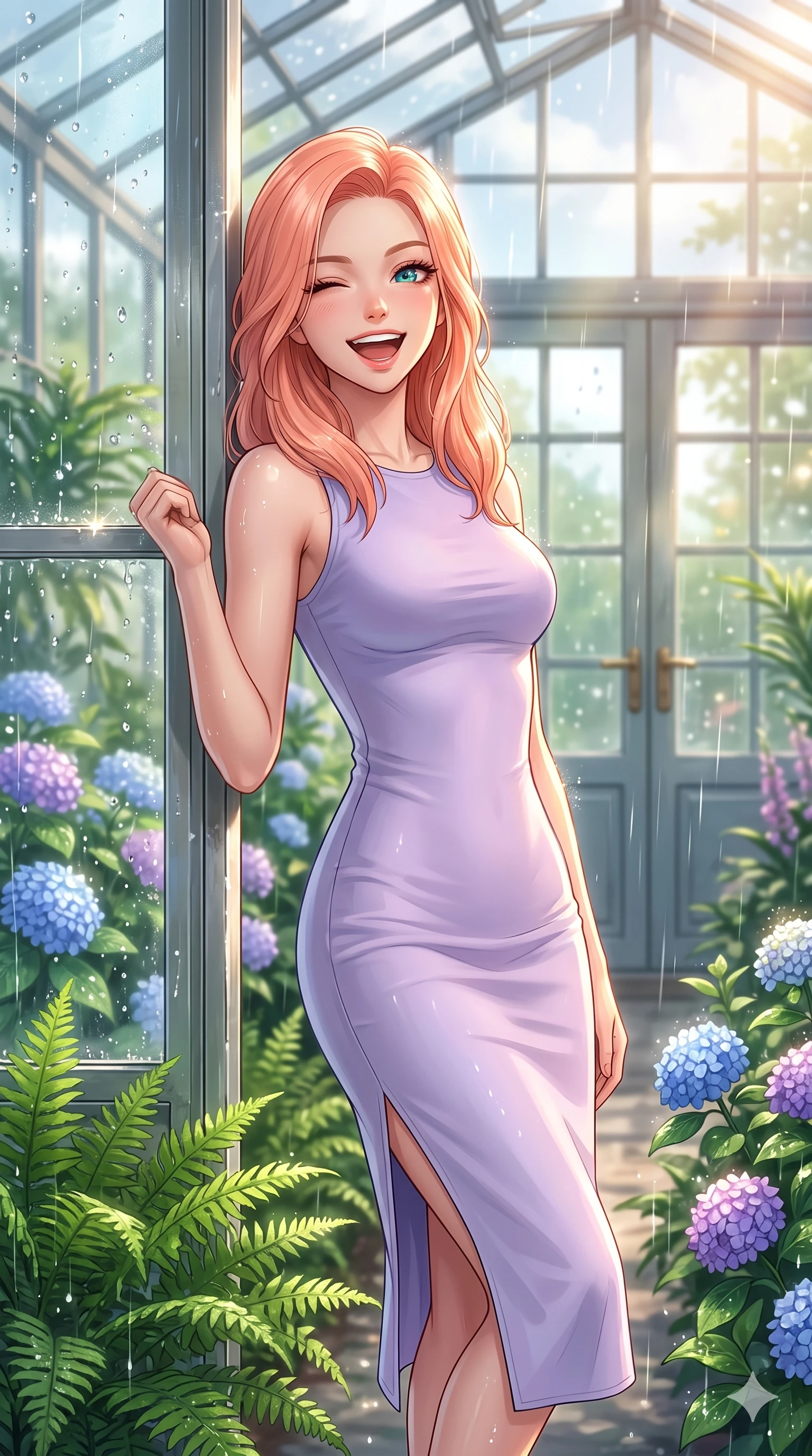 score_9, masterpiece, best quality, ultra-detailed, high-budget anime keyframe, vibrant anime aesthetic, Japanese woman. close-up cowboy shot from the waist and thighs up, the character dominates the composition, filling the frame with her large presence, background elements kept in soft focus. She is leaning against a greenhouse frame, winking and laughing happily, her eyes glowing with lively energy standing amidst vibrant green ferns. by a botanical conservatory entrance with large glass double doors, surrounded by rain-drenched hydrangeas (Code-P22-084). She has an absolutely perfect proportion, an exceptionally elegant and slender female figure with an ultra-slim waist. V-shaped jawline, high-bridge nose, intricate jewel-like eyes with depth, thick eyelashes, glossy lips with a natural sheen. wearing a sleek bodycon dress featuring refined side vent accents in pastel lavender. She is drenched in bright, warm sun showers, casting sharp highlights on the raindrops, creating a warm, inviting, and atmospheric glow inside the glass pavilion. 2k, ultra detail, master piece, 9:16 ratio