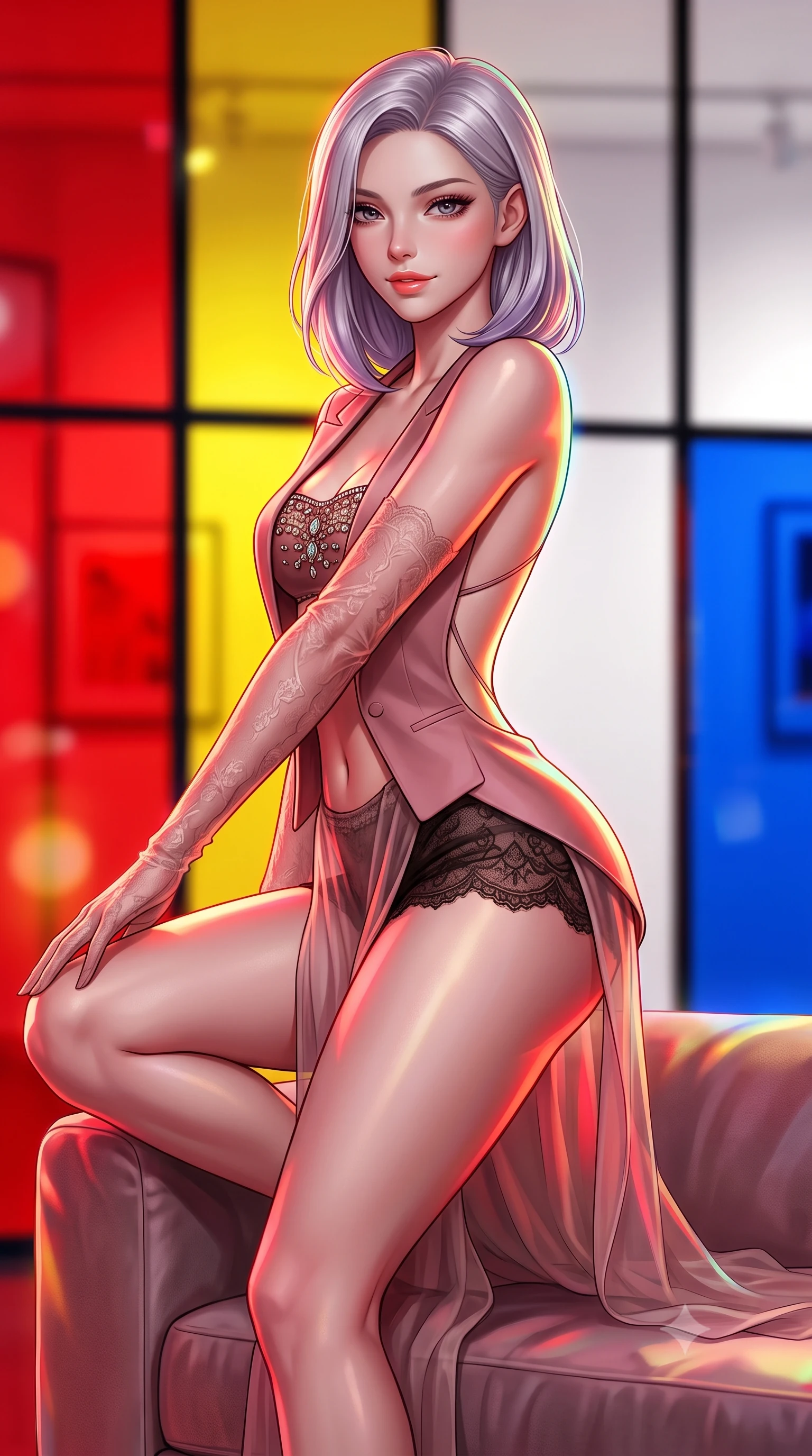 score_9, masterpiece, best quality, ultra-detailed, high-budget anime keyframe, semi-realistic 3D game render, editorial fashion photography, tasteful artistic composition, Caucasian woman. close-up cowboy shot from the waist and thighs up, the character dominates the composition, filling the frame with her large presence. perched sideways on the lounge seat, one knee drawn up to showcase her slender leg line while her arched back accentuates her feminine hip curve while twisting her slender torso in an alluring S-curve, colored acrylic panel refractions painting vibrant red and gold across her curves. The background shows a soft-focus glowing primary red, yellow, and blue acrylic screens, black grid lines, and white gallery walls blurred into vermilion, canary, and cobalt bokeh. She has an exceptionally elegant, slender, and willowy female figure with an ultra-slim waist, flat toned midriff, narrow ribcage, and sculpted feminine hips creating an alluring, slim hourglass silhouette without bulk. sharp v-shaped jawline, high-bridge nose, sparkling eyes with hypnotic seductive depth, thick curled eyelashes, glossy parted lips with a natural dewy peach sheen, alluring bedroom-eyes with an enchanting coquettish smile, exuding magnetic siren charisma and sophisticated glamour, flawlessly proportioned anatomical accuracy, strict slender model proportions, natural body alignment, perfectly sculpted long slender limbs, ultra-slim waistline, clean dynamic posture without body distortion. wearing a tailored open-front minimal smoking blazer worn over a jewel-embellished bandeau and micro-shorts in dusky blush rose and antique black lace, made of sheer gossamer chiffon that drapes softly against skin with airy translucence, complemented by sheer opera-length lace evening gloves tracing her slender arms, the precision-cut side openings and low-back scoop framing her graceful spine and the sensual sweep of her slim, toned hips. illuminated by colored panel floor bounce and sharp multi-colored rim lights defining her delicate clavicles, narrow waist, and curvy hips. highly saturated vibrant anime colors, detailed shading with soft gradients, rich glossy textures, high-contrast stereoscopic depth, volumetric dynamic lighting, master piece, 9:16 ratio