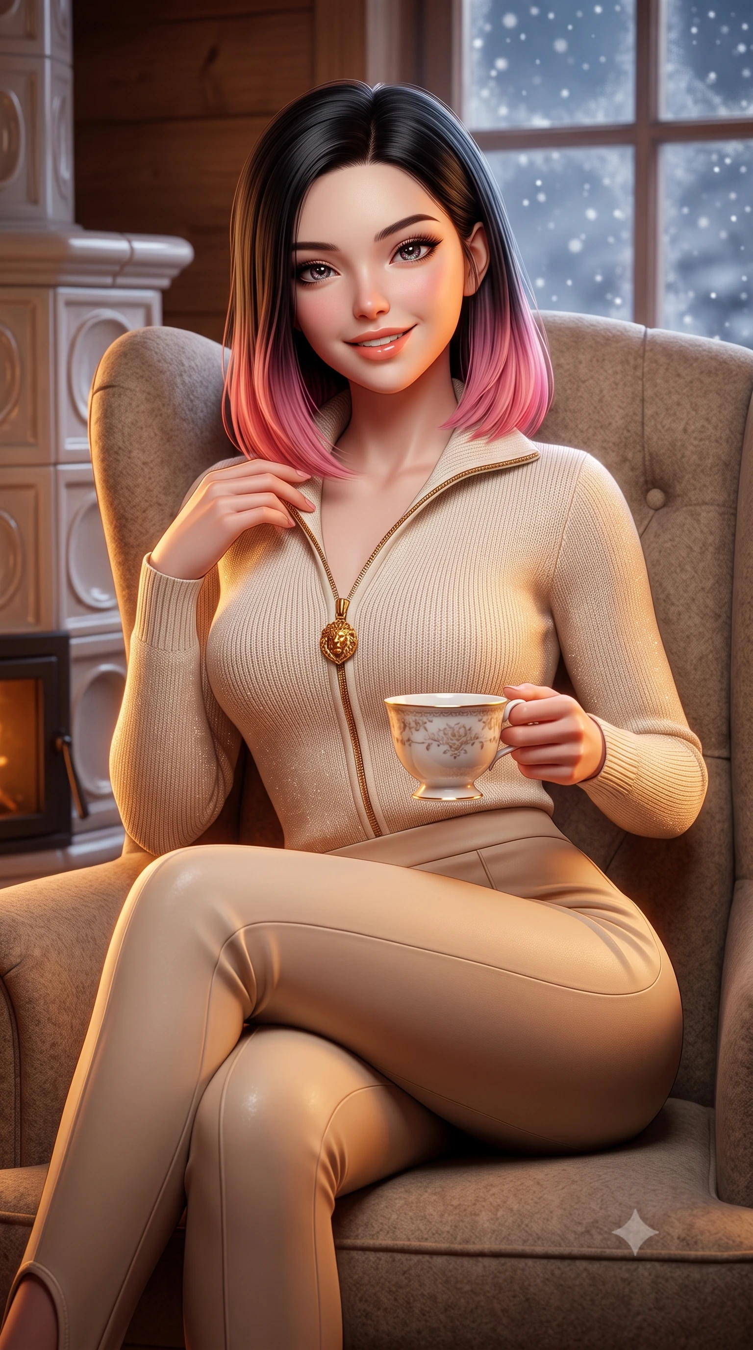 score_9, masterpiece, best quality, ultra-detailed, high-budget anime keyframe, semi-realistic 3D game render, editorial fashion photography, tasteful artistic composition, Korean woman. close-up cowboy shot from the waist and thighs up, the character dominates the composition, filling the frame with her large presence. tilting her chin up with a teasing half-smile, running one manicured hand lightly along her lapel with effortless magnetic allure while curled up comfortably in an oversized wool wingback chair beside a traditional ceramic tile stove, smiling warmly with teacup in hand. The background shows a soft-focus softly falling snowflakes outside frosted panes softened in intimate alpine winter hideaway shallow focus. She has an exceptionally elegant, slender, and willowy female figure with an ultra-slim waist, flat toned midriff, narrow ribcage, and sculpted feminine hips creating an alluring, slim hourglass silhouette without bulk. sharp v-shaped jawline, high-bridge nose, intricate jewel-like sparkling eyes with depth, thick eyelashes, glossy parted lips with a natural peach sheen, bright cheerful beaming smile with an enchanting and coquettish sensual glint, exuding both youthful cute charm and seductive allure, flawlessly proportioned anatomical accuracy, strict slender model proportions, natural body alignment, perfectly sculpted long slender limbs, ultra-slim waistline, clean dynamic posture without body distortion. wearing a body-hugging thermal cashmere zip-front ski sweater paired with sleek high-waisted stretch stirrup trousers in soft champagne ivory and warm biscuit beige, woven from stretch metallic lurex knit casting subtle luminous champagne glints across her contours, accented with an ornate 24k gold lion-embossed crest button along the snug front closure, the snug waist-cinching tailoring accentuating her ultra-slim waistline and the enchanting curve of her feminine hips with alluring seductive charm. illuminated by honey pine wall reflection bounce and warm buttery rim lights sculpting her features and slender hourglass curves. highly saturated vibrant anime colors, detailed shading with soft gradients, rich glossy textures, high-contrast stereoscopic depth, volumetric dynamic lighting, master piece, 9:16 ratio