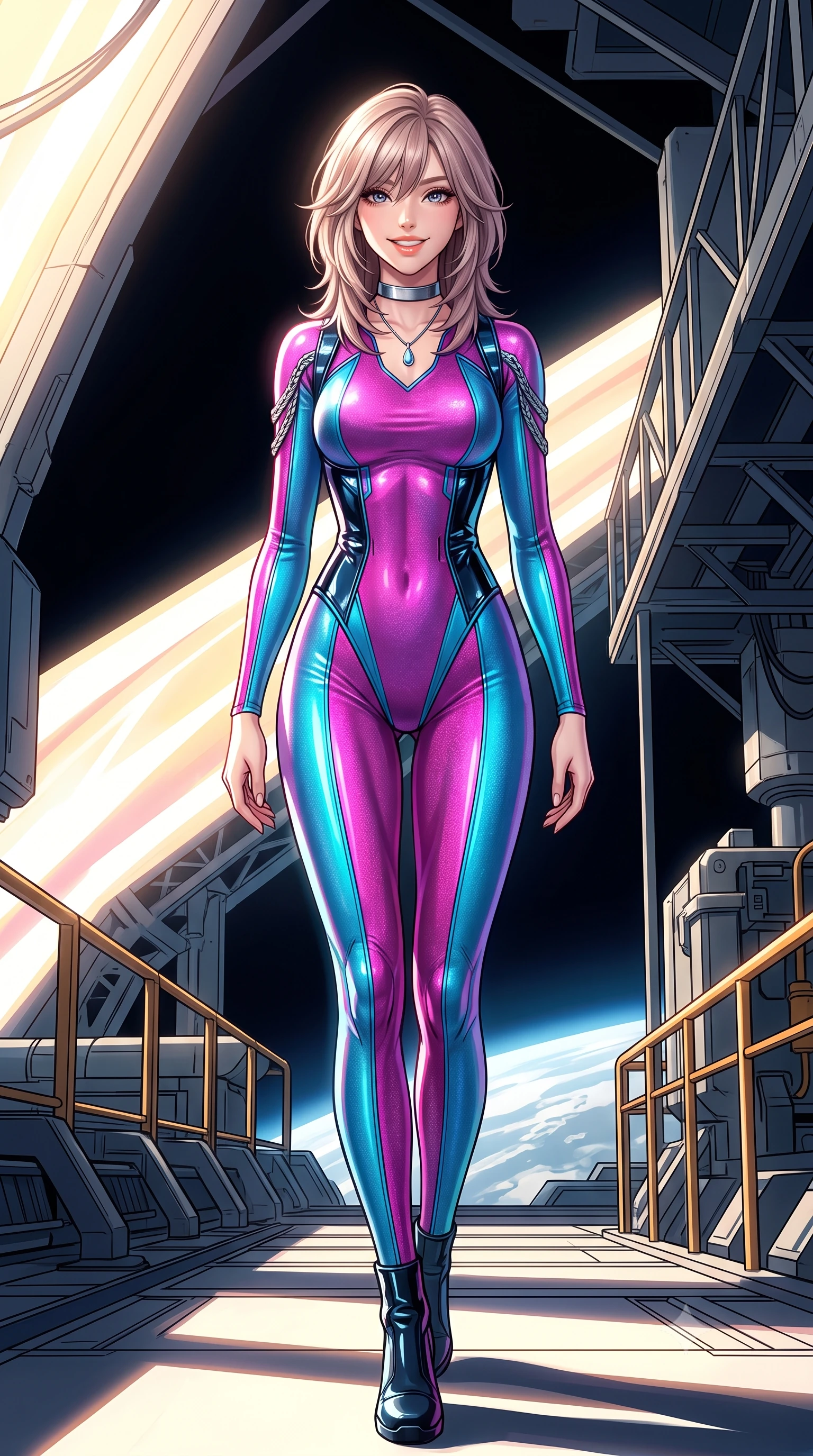 score_9, masterpiece, best quality, ultra-detailed, high-budget anime keyframe, semi-realistic 3D game render, editorial fashion photography, tasteful artistic composition, Japanese woman. low angle full-body shot from head to toe showing her feet, filling the entire 9:16 vertical frame with her statuesque presence, stretching her vertical silhouette. stepping slowly toward the camera with hypnotic grace, hips swaying in an alluring sensual rhythm that accentuates her curvy hourglass silhouette and long slender legs while twisting her slender torso in an alluring S-curve, blinding white solar collector beams painting dynamic light ribbons across her flat midriff and hips. The surrounding environment is rendered in vivid detail and crisp panoramic clarity: detailed anime combat uniform tailoring, metallic rank braids, and extreme-solar outpost engineering in high resolution. She has an exceptionally tall and slender model-like 8.5-heads proportion, an ultra-slim waist, a flat toned midriff, narrow delicate ribcage, and beautifully sculpted feminine hips creating a graceful, slim hourglass silhouette without any bulky heaviness, with impossibly long slender legs. sharp v-shaped jawline, high-bridge nose, intricate jewel-like sparkling eyes with depth, thick eyelashes, glossy parted lips with a natural peach sheen, bright cheerful beaming smile with an enchanting and coquettish sensual glint, exuding both youthful cute charm and seductive allure, flawlessly proportioned anatomical accuracy, strict slender model proportions, natural body alignment, perfectly sculpted long slender limbs, ultra-slim waistline, clean dynamic posture without body distortion. wearing a sleek second-skin cyber-pilot bodysuit with high-gloss patent leather panels accentuating her ultra-slim waistline in Shinjuku acid-rain magenta and cyan neon, woven from stretch metallic lurex jersey casting radiant starlight glints across her curves, finished with a minimalist chrome choker and a single teardrop diamond pendant, the form-contouring silhouette accentuating her sculpted flat midriff, narrow delicate ribcage, and gracefully curvy hips with intoxicating allure. bathed in pure high-intensity 5500K focused solar light contrasted with deep jet-black space shadows. highly saturated vibrant anime colors, detailed shading with soft gradients, rich glossy textures, high-contrast stereoscopic depth, volumetric dynamic lighting, master piece, 9:16 ratio
