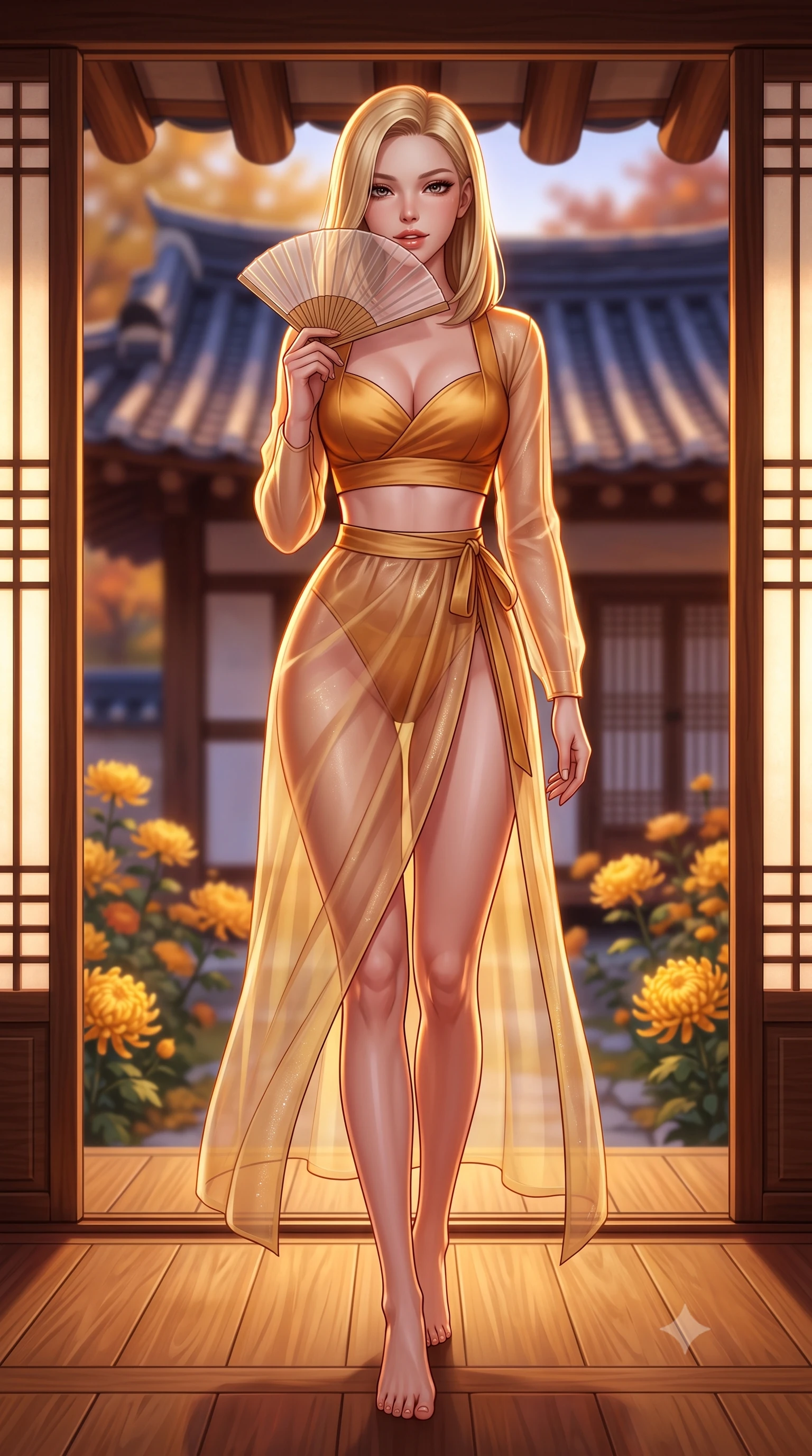 score_9, masterpiece, best quality, ultra-detailed, high-budget anime keyframe, semi-realistic 3D game render, editorial fashion photography, tasteful artistic composition, Korean woman. low angle full-body shot from head to toe showing her feet, filling the entire 9:16 vertical frame with her statuesque presence, stretching her vertical silhouette. stepping slowly toward the camera with hypnotic grace, hips swaying in an alluring sensual rhythm that accentuates her curvy hourglass silhouette and long slender legs while standing on the polished wooden maru floor overlooking the courtyard, arching her back with sovereign Joseon glamour and bedroom-eyes. The background shows a soft-focus blooming autumn golden chrysanthemums and curved clay-tiled hanok eaves blurred into honey, terracotta, and indigo bokeh. She has an absolutely perfect, statuesque 8.5-heads proportion, an exceptionally tall and slender model-like female figure with impossibly long slender legs, an ultra-slim waist, a flat toned midriff, narrow delicate ribcage, and beautifully sculpted feminine hips creating a graceful, slim hourglass silhouette without any bulky heaviness. sharp v-shaped jawline, high-bridge nose, sparkling eyes with hypnotic seductive depth, thick curled eyelashes, glossy parted lips with a natural dewy peach sheen, alluring bedroom-eyes with an enchanting coquettish smile, exuding magnetic siren charisma and sophisticated glamour, flawlessly proportioned anatomical accuracy, strict slender model proportions, natural body alignment, perfectly sculpted long slender limbs, ultra-slim waistline, clean dynamic posture without body distortion. wearing a plunging sweetheart-neckline silk jeogori crop top paired with an ultra-high-slit translucent chima wrap skirt and satin briefs in warm amber honey and antique gold leaf, made of delicate semi-sheer Korean gossamer organza with subtle pearlescent glints, finished with a transparent silk folding fan held gracefully near her glossy parted lips, the glove-like clinging cut tightly following the natural contour of her hips and long slender legs with youthful 8.5-heads elegance. illuminated by paper screen glow bounce and sharp amber rim lights sculpting her jawline, ultra-slim waist, and curvy hips. highly saturated vibrant anime colors, detailed shading with soft gradients, rich glossy textures, high-contrast stereoscopic depth, volumetric dynamic lighting, master piece, 9:16 ratio
