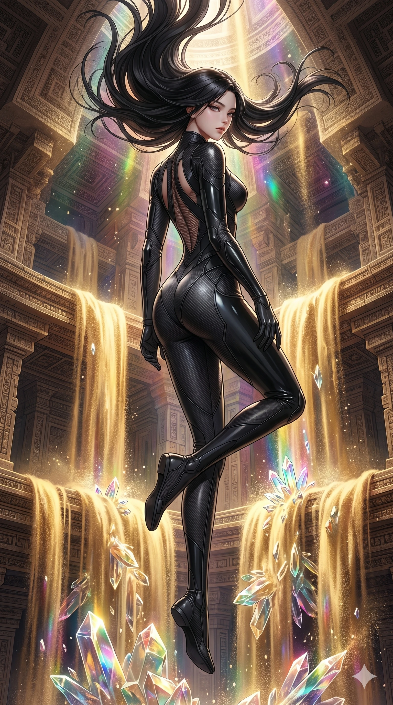 score_9, masterpiece, best quality, ultra-detailed, high-budget anime keyframe, Korean woman. low angle full-body shot filling the entire 9:16 frame with her statuesque presence, stretching the vertical silhouette. descending through a fractal quicksand temple where golden sand waterfalls transform into glass crystals, revealing intricate repeating patterns. She has an absolutely perfect 8-heads proportion, an exceptionally tall and slender female figure with impossibly long slender legs and an ultra-slim waist. V-shaped jawline, high-bridge nose, intricate jewel-like eyes with depth, thick eyelashes, glossy lips with a natural sheen.. wearing a second-skin carbon fiber combat suit, featuring matte carbon fiber and glossy latex panels with elegant slitted cutouts on the upper back. illuminated by dramatic chiaroscuro casting soft shadows along her curves, with vibrant backlighting highlighting the dust particles. 2k, ultra detail, master piece, 9:16 ratio