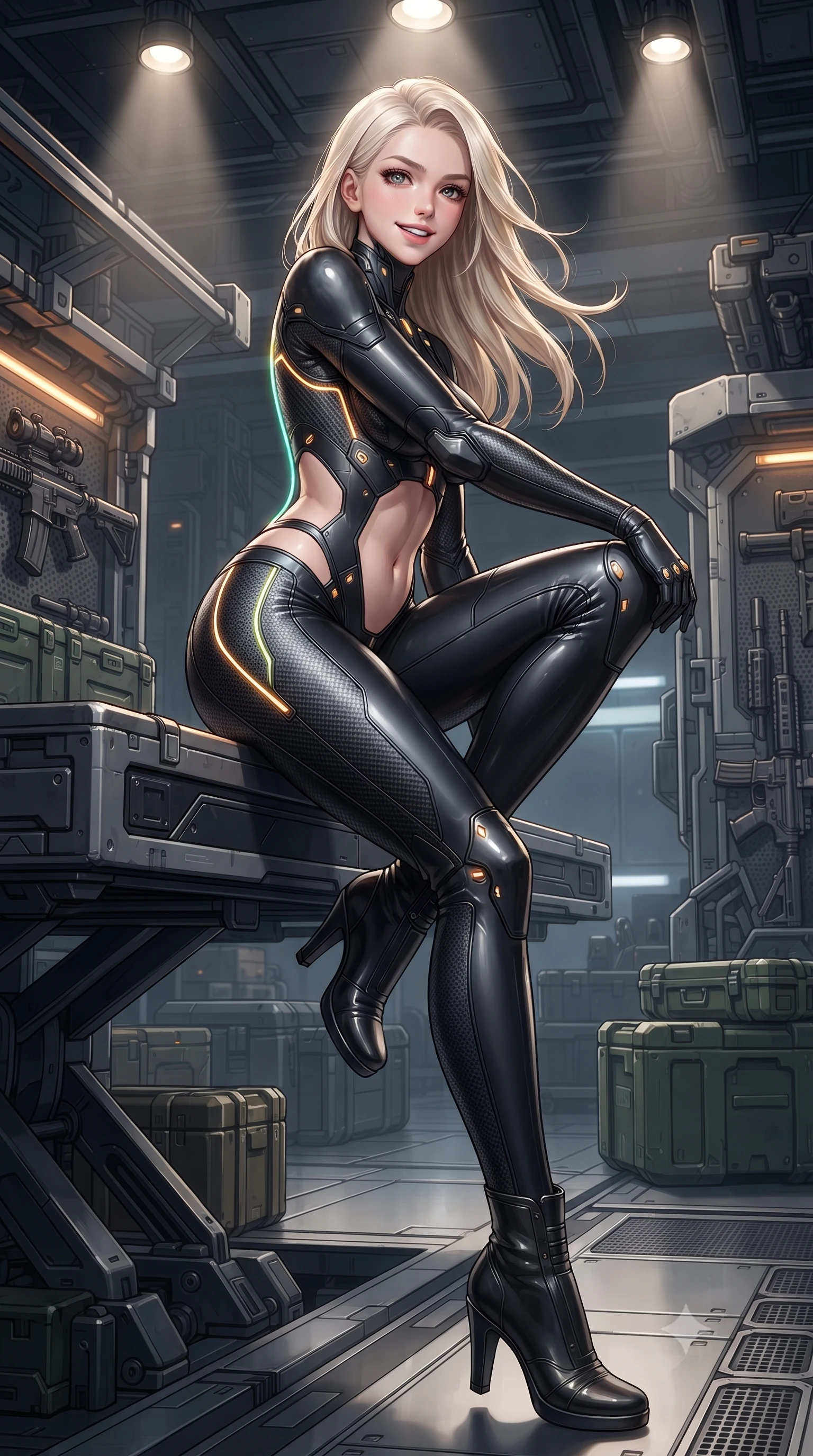 score_9, masterpiece, best quality, ultra-detailed, high-budget anime keyframe, editorial fashion photography, tasteful artistic composition, Caucasian woman. low angle full-body shot from head to toe showing her feet, filling the entire 9:16 vertical frame with her statuesque presence, stretching her vertical silhouette. sitting perched on the elevated maintenance gantry edge with legs crossed and hips angled toward the camera, displaying her toned midriff and long slender limbs with joyful, coquettish charm while sitting perched on an armored ammunition crate with one knee drawn up, her sleek tactical combat suit radiating powerful sensual charisma. The surrounding environment is rendered in vivid detail and crisp panoramic clarity: detailed tactical harness weave, weapon metallic sheen, and high-tech military armory architecture in high clarity. She has an absolutely perfect, statuesque 8.5-heads proportion, an exceptionally tall and slender model-like female figure with impossibly long slender legs, an ultra-slim waist, a flat toned midriff, narrow delicate ribcage, and beautifully sculpted feminine hips creating a graceful, slim hourglass silhouette without any bulky heaviness. sharp v-shaped jawline, high-bridge nose, intricate jewel-like sparkling eyes with depth, thick eyelashes, glossy parted lips with a natural sheen, bright confident smile with an enchanting and coquettish sensual glint, exuding both youthful magnetic charm and sovereign high-tech allure, flawlessly proportioned anatomical accuracy, strict slender model proportions, natural body alignment, perfectly sculpted long slender limbs, ultra-slim waistline, clean dynamic posture without body distortion. wearing a form-contouring cybernetic combat suit in matte black latex and carbon fiber, tracing her willowy silhouette with a high neck in glossy onyx black and warm champagne gold hardware, woven from delicate semi-opaque high-tensile nano-mesh with intricate hexagonal micro-patterns, accented with glowing neon fiber-optic piping tracing her spine and hip lines, the precision-cut side openings and low-back scoop framing her graceful spine and the sensual sweep of her slim, toned hips. illuminated by focused overhead spotlighting and sharp amber rim lights defining her slim torso, narrow waist, and curvy hips. ultra-reflective glossy finish, specular highlights, rich textural contrasts, high-contrast stereoscopic depth, volumetric dynamic lighting, 2k, ultra detail, master piece, 9:16 ratio