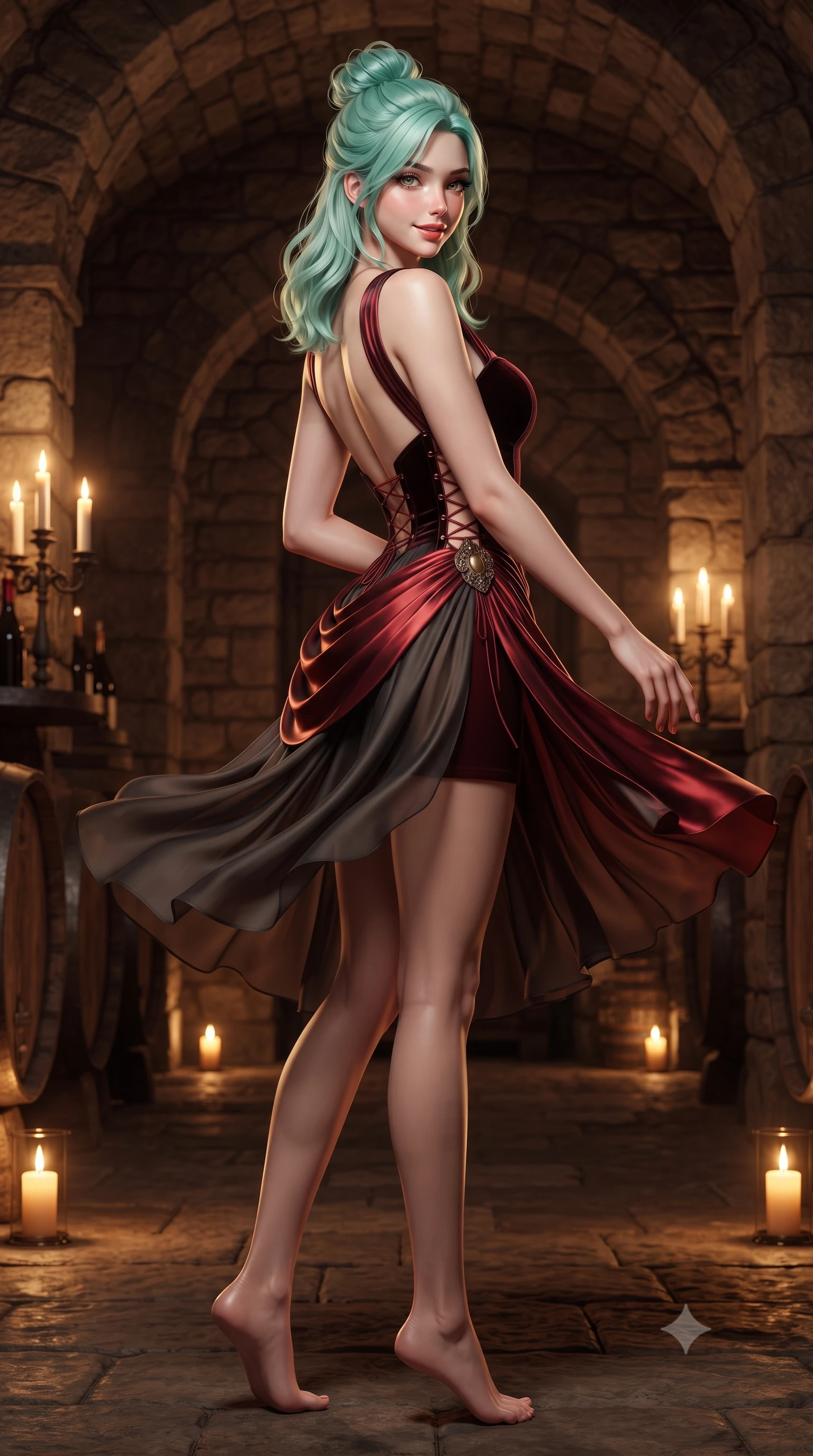 score_9, masterpiece, best quality, ultra-detailed, high-budget anime keyframe, editorial fashion photography, tasteful artistic composition, Japanese woman. low angle full-body shot from head to toe showing her feet, filling the entire 9:16 vertical frame with her statuesque presence, stretching her vertical silhouette. executing a slow, graceful pivot turn as her skirt sways around her slender legs, glancing back with an enchanting, teasing sensual expression while twisting her slender torso in an alluring contrapposto stance, dancing candlelight and warm amber floor up-lights tracing her curves. The surrounding environment is rendered in vivid detail and crisp panoramic clarity: detailed deep sweetheart velvet corset dress weave, antique gold locket gleam, and medieval Italian cellar masonry in razor-sharp precision. She has an absolutely perfect, statuesque 8.5-heads proportion, an exceptionally tall and slender model-like female figure with impossibly long slender legs, an ultra-slim waist, a flat toned midriff, narrow delicate ribcage, and beautifully sculpted feminine hips creating a graceful, slim hourglass silhouette without any bulky heaviness. sharp v-shaped jawline, high-bridge nose, sparkling eyes with hypnotic seductive depth, thick curled eyelashes, glossy parted lips with a natural dewy peach sheen, alluring bedroom-eyes with an enchanting coquettish smile, exuding magnetic siren charisma and sophisticated glamour, flawlessly proportioned anatomical accuracy, strict slender model proportions, natural body alignment, perfectly sculpted long slender limbs, ultra-slim waistline, clean dynamic posture without body distortion. wearing a draped Greek-goddess style silk chiffon mini toga dress with an open back and golden hip fibula in rich cherry lacquer and smoky charcoal, tailored from fine structural neoprene with crisp architectural edges and smooth contouring, featuring fine criss-cross lace-up side ties revealing tantalizing glimpses of her hip curve, the second-skin tailored fabric adhering flawlessly to her sculpted flat midriff and slender torso, emphasizing her long leg lines and perfectly proportioned willowy build. illuminated by wine bottle glass specular reflections and sharp amber-gold rim lights sculpting her jawline, flat midriff, and curvy hips. ultra-reflective glossy finish, specular highlights, rich textural contrasts, high-contrast stereoscopic depth, volumetric dynamic lighting, 2k, ultra detail, master piece, 9:16 ratio