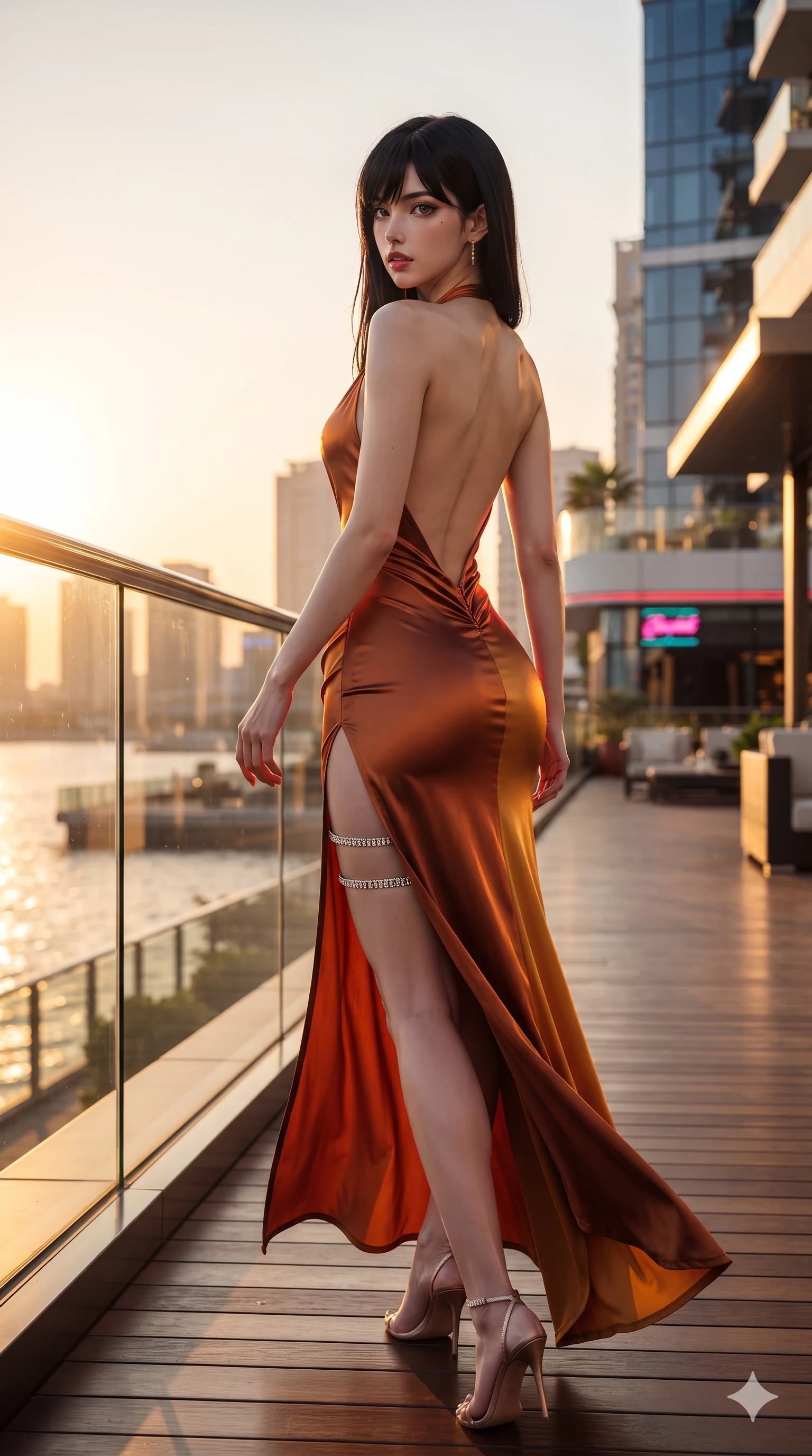 score_9, masterpiece, best quality, ultra-detailed, high-budget anime keyframe, editorial fashion photography, tasteful artistic composition, Caucasian woman. low angle full-body shot from head to toe showing her feet, filling the entire 9:16 vertical frame with her statuesque presence, stretching her vertical silhouette. walking along the waterfront terrace with poise, looking back over her bare shoulder with an irresistible smoldering bedroom-gaze while twisting her slender torso in an alluring S-curve, intense golden sunlight and evening city neon painting sharp highlights along her flat midriff and hourglass curves. The surrounding environment is rendered in vivid detail and crisp panoramic clarity: detailed semi-translucent wrap dress tailoring, fine metallic embroidery, and high-altitude luxury architecture in razor-sharp precision. She has an exceptionally tall and slender model-like 8.5-heads proportion, an ultra-slim waist, a flat toned midriff, narrow delicate ribcage, and beautifully sculpted feminine hips creating a graceful, slim hourglass silhouette without any bulky heaviness, with impossibly long slender legs. sharp v-shaped jawline, high-bridge nose, intricate jewel-like sparkling eyes with depth, thick eyelashes, glossy parted lips with a natural sheen, intensely captivating and seductive bedroom-eyes expression, exuding both youthful cute charm and sovereign luxury allure, flawlessly proportioned anatomical accuracy, strict slender model proportions, natural body alignment, perfectly sculpted long slender limbs, ultra-slim waistline, clean dynamic posture without body distortion. wearing a liquid-silk jersey evening gown with an ultra-deep plunging open back descending to the base of her spine and a sculpted hip-hugging skirt in rich copper bronze and warm amber, tailored from heavy double-faced silk georgette with an exceptionally fluid drape, finished with delicate crystal-encrusted thigh garter straps glinting in the dim light, the high-slit wrap tailoring accentuating her ultra-slim waistline and the enchanting curve of her feminine hips with alluring seductive charm. illuminated by deck surface bounce and intense golden-crimson rim lights sculpting her razor-sharp jawline, narrow waist, and curvy hips. ultra-reflective glossy finish, specular highlights, rich textural contrasts, high-contrast stereoscopic depth, volumetric dynamic lighting, 2k, ultra detail, master piece, 9:16 ratio