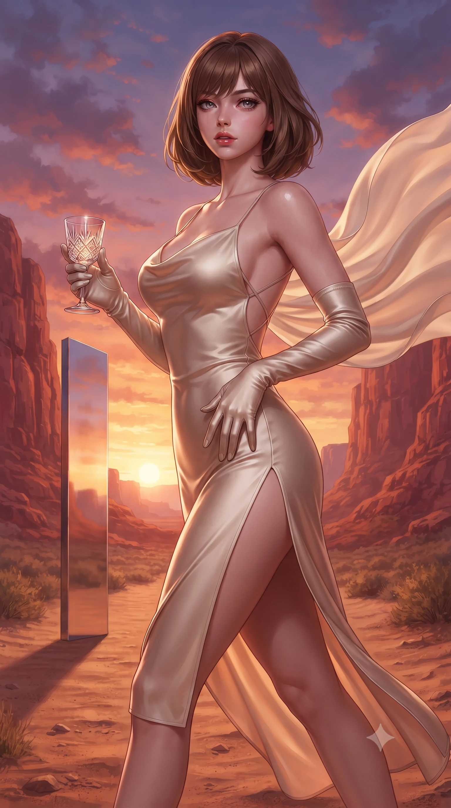 score_9, masterpiece, best quality, ultra-detailed, high-budget anime keyframe, semi-realistic 3D game render, editorial fashion photography, tasteful artistic composition, Caucasian woman. close-up cowboy shot from the waist and thighs up, the character dominates the composition, filling the frame with her large presence. resting one manicured hand delicately on her hip bone, her upper body turning in a fluid, seductive S-curve while parted lips glisten in the light while striding across the desert sand path beside the reflective monolith, her sweeping silk chiffon cape billowing against the red canyon walls. The surrounding environment is rendered in vivid detail and crisp panoramic clarity. detailed couture gown drape, sunset specular sheen on skin, and Saudi canyon horizon clarity in high resolution. She has an exceptionally elegant, slender, and willowy female figure with an ultra-slim waist, flat toned midriff, narrow ribcage, and sculpted feminine hips creating an alluring, slim hourglass silhouette without bulk. sharp v-shaped jawline, high-bridge nose, intricate jewel-like eyes with depth, thick eyelashes, glossy parted lips with a natural sheen, intensely captivating and seductive bedroom-eyes expression, flawlessly proportioned anatomical accuracy, strict slender model proportions, natural body alignment, perfectly sculpted long slender limbs, ultra-slim waistline, clean dynamic posture without body distortion. wearing a backless cowl-neck satin slip dress featuring high-cut side hip slits and delicate criss-cross back straps in vintage champagne ivory and delicate rose gold, tailored from water-resistant treated wool gabardine and flexible stretch silk, accessorized with opera-length satin gloves and a vintage crystal glass, the glove-like aerodynamic silhouette tightly following the natural contour of her hips and long slender legs with statuesque 8.5-heads elegance. bathed in glorious desert sunset glow in rich shades of molten copper and violet. highly saturated vibrant anime colors, detailed shading with soft gradients, rich glossy textures, high-contrast stereoscopic depth, volumetric dynamic lighting, master piece, 9:16 ratio