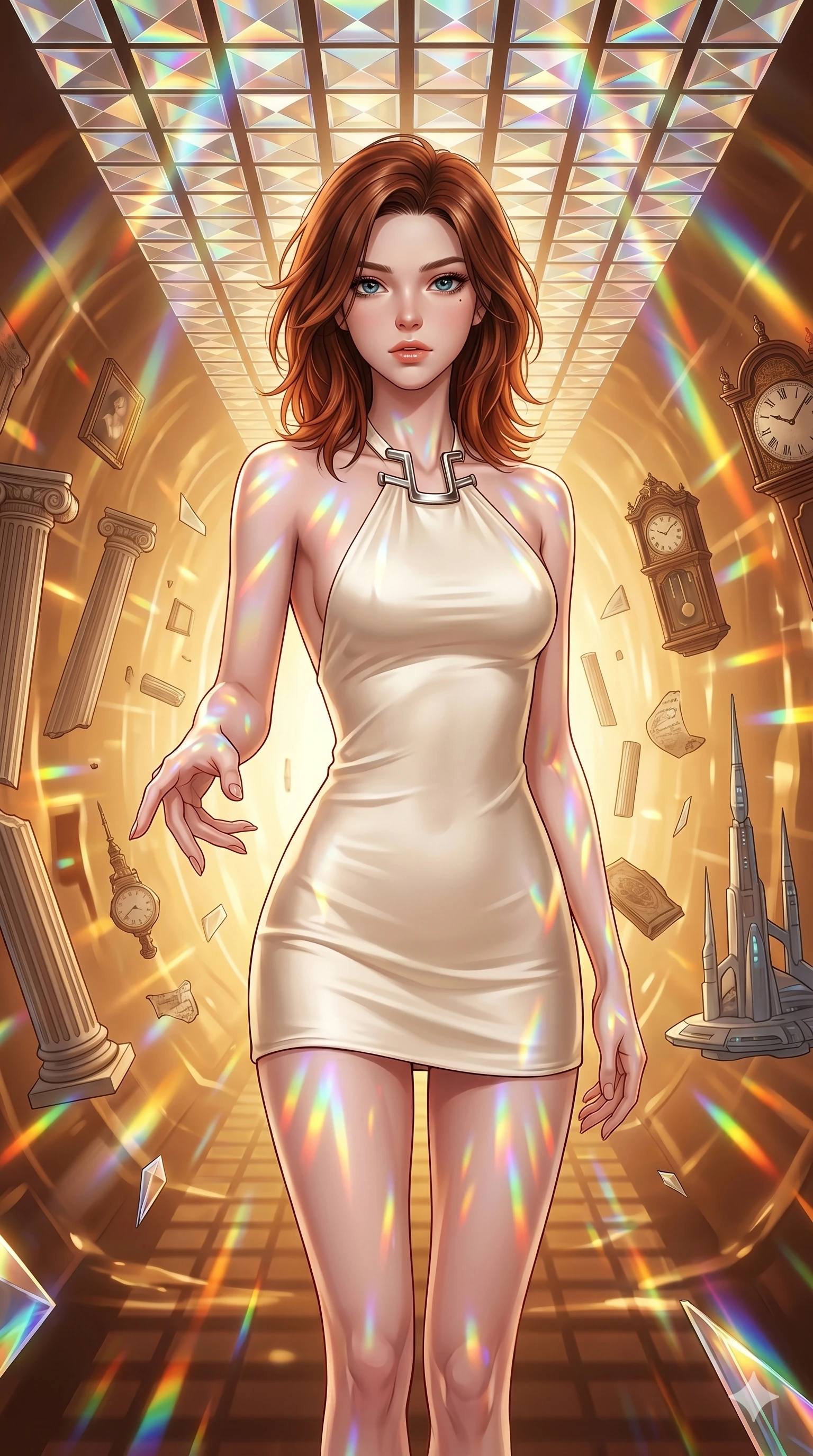 score_9, masterpiece, best quality, ultra-detailed, high-budget anime keyframe, editorial fashion photography, tasteful artistic composition, Korean woman. cowboy shot from the thighs up, character and outfit filling the frame for maximum editorial presence. Reaching one hand toward the viewer with relaxed elegance within a temporal rift corridor of different eras suspended in amber light. She has an absolutely perfect 8-heads proportion, an exceptionally tall and slender female figure with impossibly long slender legs and an ultra-slim waist. V-shaped jawline, high-bridge nose, intricate jewel-like eyes with depth, thick eyelashes, glossy lips with a natural sheen. wearing an ultra-minimalist halter-neck mini dress in warm ivory stretch satin with a simple open-back, architectural hardware at the neck, and a perfectly form-contouring body ending at upper-thigh. illuminated by cascading rainbow prismatic light refracting through crystal overhead and casting patterns on her skin. 2k, ultra detail, master piece, 9:16 ratio