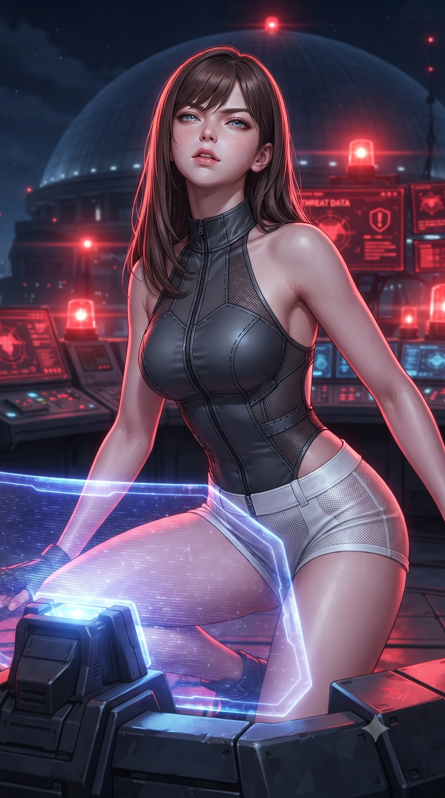 score_9, masterpiece, best quality, ultra-detailed, high-budget anime keyframe, editorial fashion photography, tasteful artistic composition, Korean woman. close-up cowboy shot from the waist and thighs up, the character dominates the composition, filling the frame with her large presence, background elements kept in soft focus. crouching slightly behind a glowing holographic shield emitter, looking up with defiance and lips slightly parted, the background shows a soft-focus a citadel control dome with warning screens and warning lights at night. She has an exceptionally elegant, slender, and willowy female figure with an ultra-slim waist, a gracefully sculpted slender torso, and a refined silhouette. sharp v-shaped jawline, high-bridge nose, intricate jewel-like eyes with depth, thick eyelashes, glossy lips with a natural sheen. wearing a body-hugging backless combat halter top in charcoal grey, paired with white carbon-mesh micro-shorts. pulsing red emergency warning beacons casting high-contrast dramatic shadows. ultra-reflective glossy finish, specular highlights, metallic sheen, high-contrast stereoscopic depth, volumetric dynamic lighting, 2k, ultra detail, master piece, 9:16 ratio