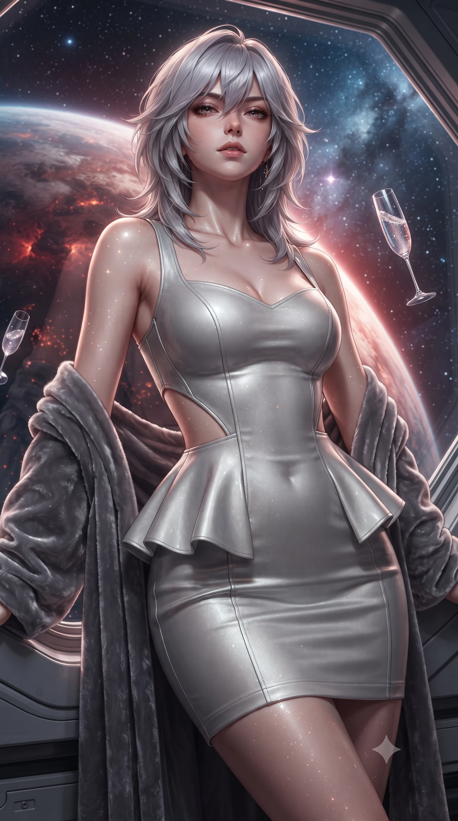 score_9, masterpiece, best quality, ultra-detailed, high-budget anime keyframe, editorial fashion photography, tasteful artistic composition, Japanese woman. close-up cowboy shot from the waist and thighs up, the character dominates the composition, filling the frame with her large presence. leaning back with relaxed seductive grace, her sculpted collarbones and narrow waist highlighted as she casts smoldering bedroom-eyes directly into the camera while leaning back against the quartz-glass observation bulkhead with hips cocked, casting an alluring, sovereign bedroom-gaze past floating zero-gravity crystal flutes. The surrounding environment is rendered in vivid detail and crisp panoramic clarity. detailed metallic gown texture, cosmic radiation glints on skin, and planet shadow contrast in high resolution. She has an exceptionally elegant, slender, and willowy female figure with an ultra-slim waist, flat toned midriff, narrow ribcage, and sculpted feminine hips creating an alluring, slim hourglass silhouette without bulk. sharp v-shaped jawline, high-bridge nose, intricate jewel-like eyes with depth, thick eyelashes, glossy parted lips with a natural sheen, intensely captivating and seductive bedroom-eyes expression, flawlessly proportioned anatomical accuracy, strict slender model proportions, natural body alignment, perfectly sculpted long slender limbs, ultra-slim waistline, clean dynamic posture without body distortion. wearing a modern peplum corset dress with side-waist diamond cutouts and an ultra-tight silhouette in shimmering silver mercury and pearl white, tailored from water-resistant treated wool gabardine and flexible stretch silk, complemented by a plush velvet shawl draped loosely over her elbows, the liquid-tight tailored fabric clinging flawlessly to her narrow waist and rounded feminine hips, emphasizing every millimeter of her sculpted slim hourglass curves without any bulky heaviness. bathed in dramatic warm crimson and copper planetary storm glow contrasting with cool cosmic starlight ambient fill. ultra-reflective glossy finish, specular highlights, rich textural contrasts, high-contrast stereoscopic depth, volumetric dynamic lighting, 2k, ultra detail, master piece, 9:16 ratio