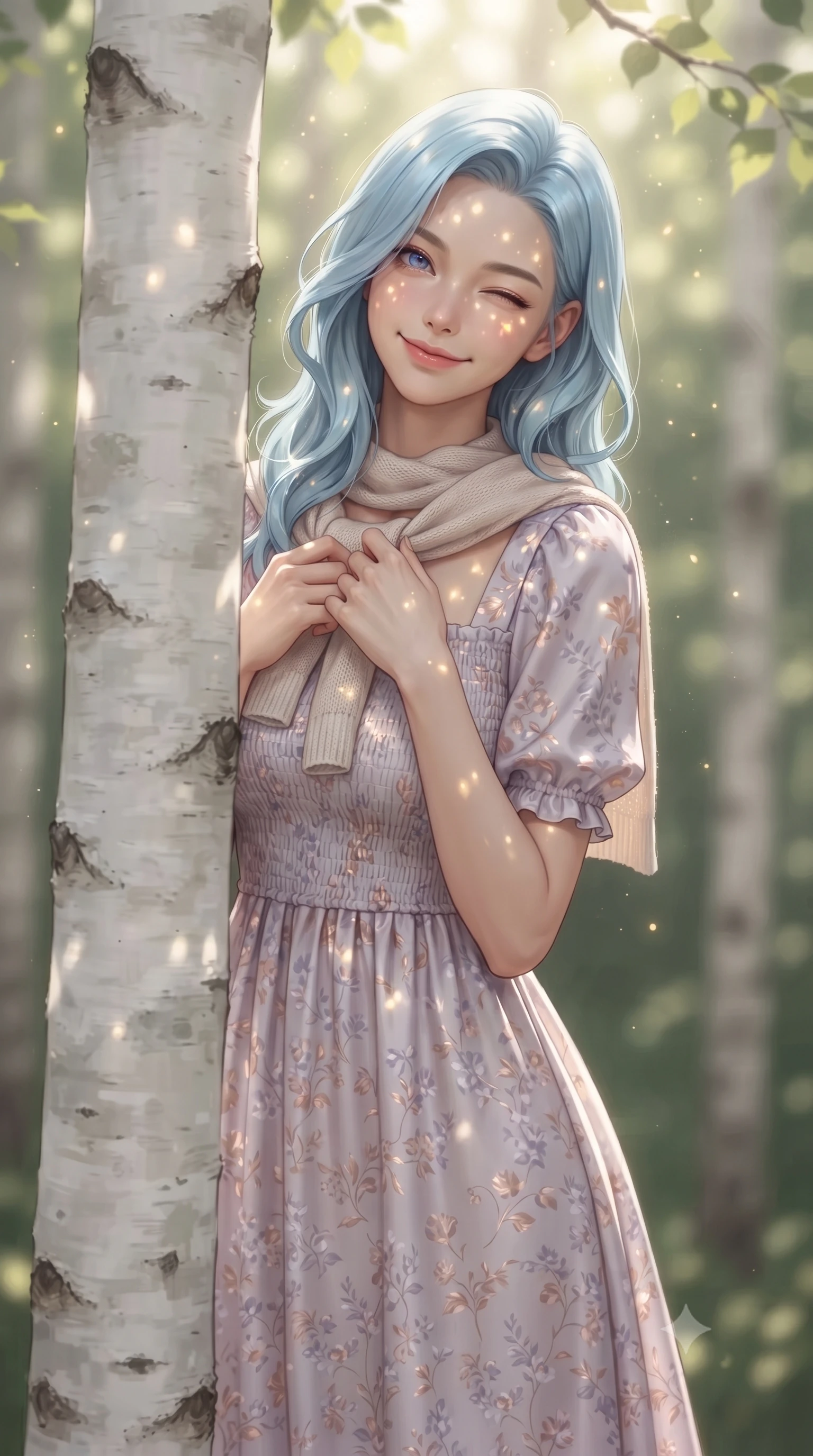score_9, masterpiece, best quality, ultra-detailed, high-budget anime keyframe, editorial fashion photography, tasteful artistic composition, Korean woman. close-up cowboy shot from the waist and thighs up, the character dominates the composition, filling the frame with her large presence. holding her hands loosely near her heart with an enchanting, affectionate gaze looking directly into the lens while peeking playfully from behind a smooth white birch tree trunk with a charming wink and infectious bright smile. The composition keeps background elements in soft focus with creamy bokeh. dappled sunbeams filtering through tree leaves scattering celestial golden light motes. She has an exceptionally elegant, slender, and willowy female figure with an ultra-slim waist, a gracefully sculpted slender torso, toned flat midriff, and a refined slim silhouette. sharp v-shaped jawline, high-bridge nose, intricate jewel-like eyes with depth, thick eyelashes, glossy lips with a natural sheen, pure and lovely fresh girlhood expression, flawlessly proportioned anatomical accuracy, strict slender model proportions, natural body alignment, perfectly sculpted long slender limbs, ultra-slim waistline, clean dynamic posture without body distortion. wearing a sweet square-neck smocked midi dress decorated with delicate wildflower patterns in subtle lilac violet and soft rose gold, crafted from smooth fluid silk satin with a natural gentle sheen, finished with a lightweight knitted scarf draped loosely around her neck, the relaxed yet flattering fit accentuating her naturally graceful and slender figure, highlighting her youthful charm and lovely silhouette. illuminated by soft natural dappled forest light creating playful sun patterns across her face and dress. ultra-reflective glossy finish, specular highlights, rich natural textures, high-contrast stereoscopic depth, volumetric dynamic lighting, 2k, ultra detail, master piece, 9:16 ratio