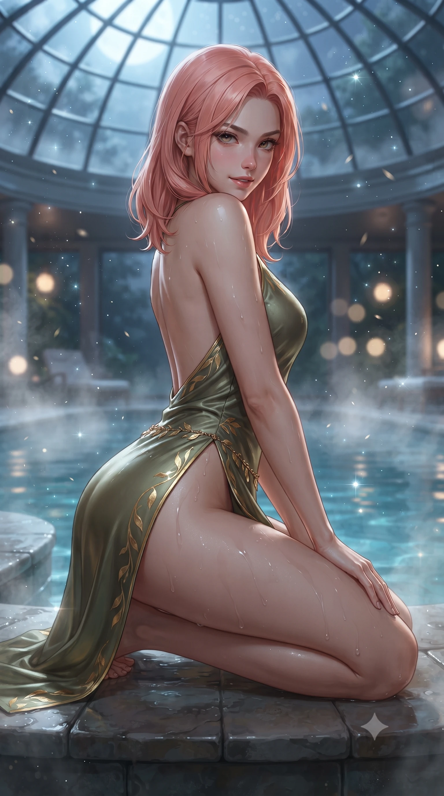 score_9, masterpiece, best quality, ultra-detailed, high-budget anime keyframe, editorial fashion photography, tasteful artistic composition, Japanese woman. close-up cowboy shot from the waist and thighs up, the character dominates the composition, filling the frame with her large presence. turning over a bare shoulder with an intoxicating, teasing smile, her soft hair framing her sharp jawline as her hips angle gracefully while kneeling gracefully on a wet stone pool step with one hand on her hip, thermal steam rising to caress her feminine curves. The composition keeps background elements in soft focus with creamy bokeh. shimmering pool caustics and floating pollen motes scattering ethereal luminescent sparkles. She has an exceptionally elegant, slender, and willowy female figure with an ultra-slim waist, a gracefully sculpted slender torso, toned flat midriff, and rounded feminine hips creating an alluring hourglass silhouette. sharp v-shaped jawline, high-bridge nose, intricate jewel-like eyes with depth, thick eyelashes, glossy parted lips with a natural sheen, intensely captivating and seductive bedroom-eyes expression, flawlessly proportioned anatomical accuracy, strict slender model proportions, natural body alignment, perfectly sculpted long slender limbs, ultra-slim waistline, clean dynamic posture without body distortion. wearing a liquid metallic olive gown with open side slits ascending to the high hip in deep emerald green and polished brass gold, made of liquid bamboo jersey adhering seamlessly to her slender frame, accented with a delicate gold leaf chain belt resting loosely on her curvy hips, the second-skin form-contouring cut accentuating her sculpted flat midriff, narrow waistline, and dramatically curvy hips without adding bulk. bathed in cool silver moonlight filtering through the glass dome and warm underwater pool uplights. ultra-reflective glossy finish, specular highlights, rich textural contrasts, high-contrast stereoscopic depth, volumetric dynamic lighting, 2k, ultra detail, master piece, 9:16 ratio