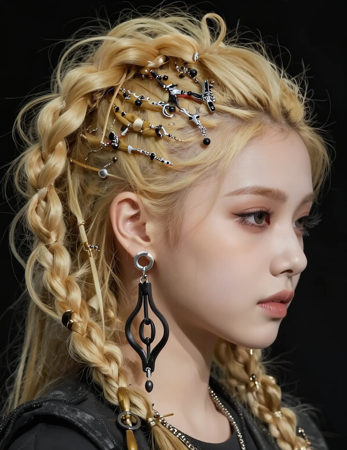 A Korean female idol who looks both handsome and pretty, with messy, slightly long blonde hair. She is dressed in a hip, oversized streetwear style with bold accessories.
