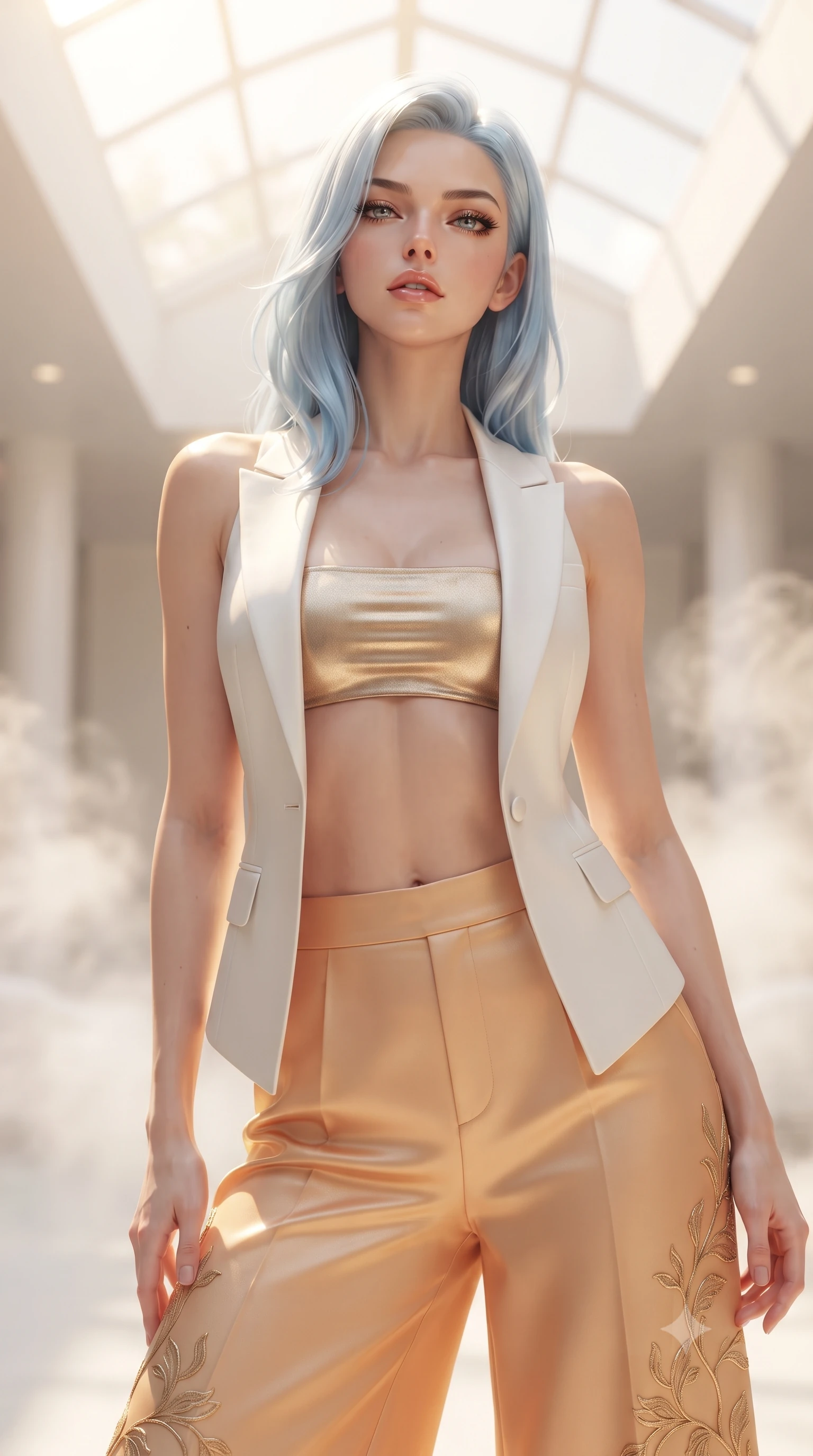 score_9, masterpiece, best quality, ultra-detailed, high-budget anime keyframe, editorial fashion photography, tasteful artistic composition, Korean woman. close-up cowboy shot from the waist and thighs up, the character dominates the composition, filling the frame with her large presence. tilting her chin up with proud, sovereign allure while gazing through thick eyelashes with an irresistible, dangerous bedroom-gaze while stretching languidly as golden afternoon sunlight warms her bare shoulders, gazing into the lens with relaxed sensuality. The composition keeps background elements in soft focus with creamy bokeh. sleek white architecture and ambient vapor mist softened in bright dreamy shallow focus. She has an exceptionally elegant, slender, and willowy female figure with an ultra-slim waist, a gracefully sculpted slender torso, toned flat midriff, and a refined slim silhouette. sharp v-shaped jawline, high-bridge nose, intricate jewel-like eyes with depth, thick eyelashes, glossy parted lips with a natural sheen, intensely captivating and seductive expression, flawlessly proportioned anatomical accuracy, strict slender model proportions, natural body alignment, perfectly sculpted long slender limbs, ultra-slim waistline, clean dynamic posture without body distortion. wearing a tailored white solar-fiber tuxedo vest worn open over a metallic gold bandeau top and wide slacks in warm apricot and glowing solar champagne, woven from fine organic mulberry silk with metallic gold thread, finished with organic vine-inspired metallic embroidery along the hem, the relaxed yet flattering fit accentuating her naturally graceful and slender figure, highlighting her tall statuesque proportions. bathed in glorious golden hour sunlight streaming through the solar glass ceiling. ultra-reflective glossy finish, specular highlights, rich textural contrasts, high-contrast stereoscopic depth, volumetric dynamic lighting, 2k, ultra detail, master piece, 9:16 ratio