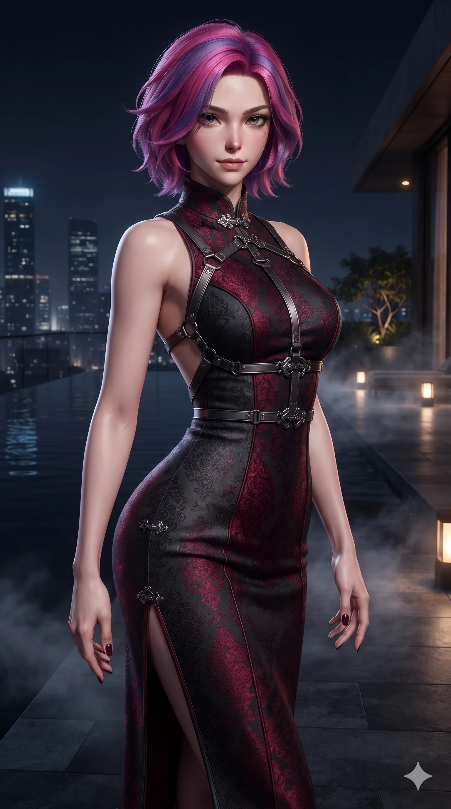 score_9, masterpiece, best quality, ultra-detailed, high-budget anime keyframe, editorial fashion photography, tasteful artistic composition, Caucasian woman. close-up cowboy shot from the waist and thighs up, the character dominates the composition, filling the frame with her large presence. twisting her slender torso in a deep contrapposto stance, hips dramatically shifted to accentuate her feminine curves while standing beside a dark infinity pool reflecting distant night city skyscrapers, cool night mist drifting gently across the dark rooftop terrace. The surrounding environment is rendered in vivid detail and crisp panoramic clarity: detailed backless liquid vinyl slip dress cling, gunmetal harness clasps, and luxury minimalist terrace design in razor-sharp precision. She has an exceptionally elegant, slender, and willowy female figure with an ultra-slim waist, flat toned midriff, narrow ribcage, and sculpted feminine hips creating an alluring, slim hourglass silhouette without bulk. sharp v-shaped jawline, high-bridge nose, intricate jewel-like dark sparkling eyes with hypnotic seductive depth, thick curled eyelashes, glossy parted lips with a natural wine sheen, alluring bedroom-eyes with an enigmatic smoldering smile, exuding magnetic sovereign charisma and dark avant-garde glamour, flawlessly proportioned anatomical accuracy, strict slender model proportions, natural body alignment, perfectly sculpted long slender limbs, ultra-slim waistline, clean dynamic posture without body distortion. wearing a structured obsidian brocade evening dress with high mandarin collar in deep crimson burgundy and matte charcoal, tailored from rich silk jacquard with subtle embossed baroque patterns, highlighted by a gunmetal metallic harness structure, accentuating her gracefully sculpted slender torso and statuesque proportions. illuminated by low warm amber garden lights and distant city skyglow reflecting off still pool waters. ultra-reflective glossy finish, specular highlights, metallic sheen, high-contrast stereoscopic depth, volumetric dynamic lighting, 2k, ultra detail, master piece, 9:16 ratio