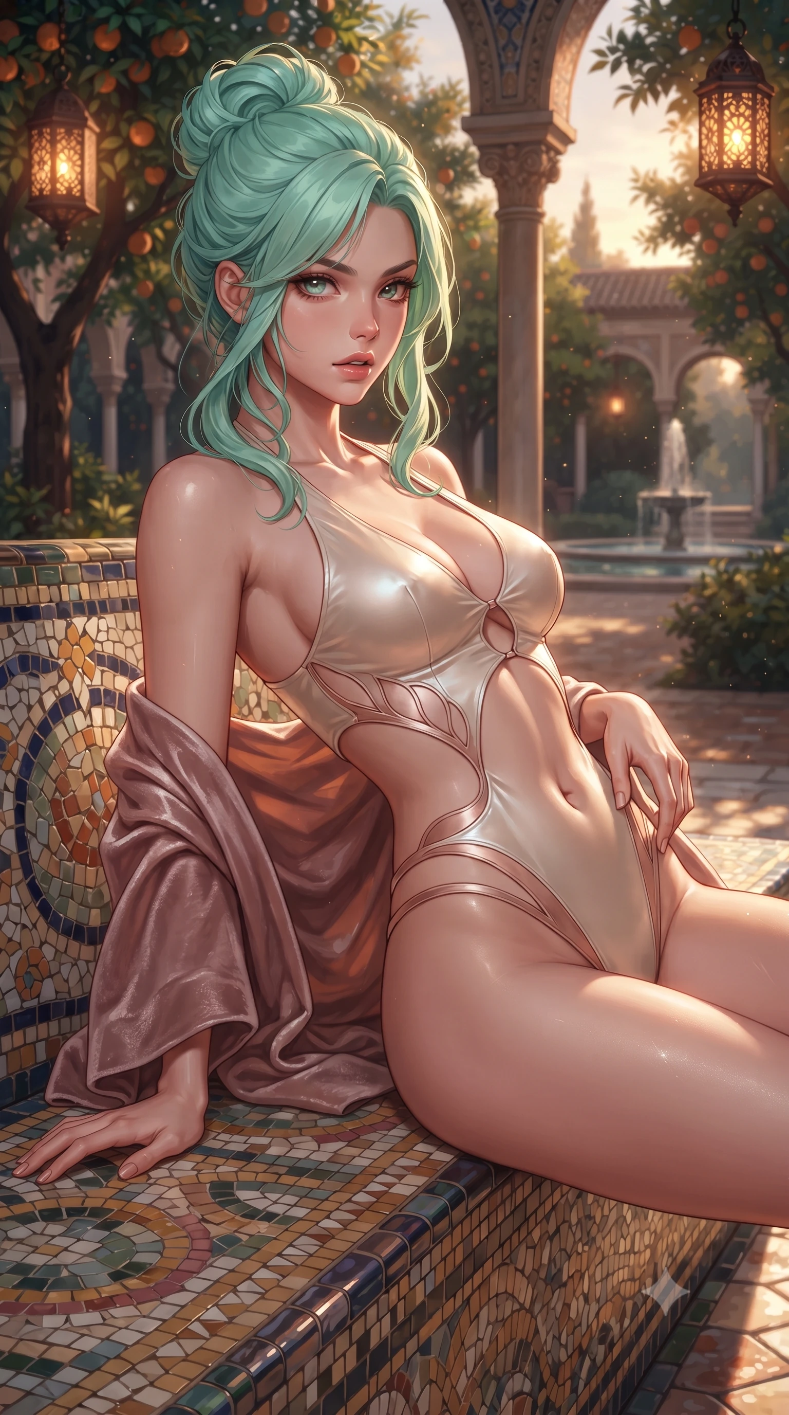 score_9, masterpiece, best quality, ultra-detailed, high-budget anime keyframe, semi-realistic 3D game render, editorial fashion photography, tasteful artistic composition, Japanese woman. close-up cowboy shot from the waist and thighs up, the character dominates the composition, filling the frame with her large presence. arching her spine backward with effortless dancer poise, one hand sliding along her hip line as directional light carves specular highlights along her silhouette while reclining across a tiled bench beneath fragrant orange trees, her flat midriff and feminine hips highlighted by warm dusk lanterns. The surrounding environment is rendered in vivid detail and crisp panoramic clarity. detailed silk dress drape, warm evening sun glints on skin, and Alcázar colonnade clarity in high resolution. She has an exceptionally elegant, slender, and willowy female figure with an ultra-slim waist, flat toned midriff, narrow ribcage, and sculpted feminine hips creating an alluring, slim hourglass silhouette without bulk. sharp v-shaped jawline, high-bridge nose, intricate jewel-like eyes with depth, thick eyelashes, glossy parted lips with a natural sheen, intensely captivating and seductive bedroom-eyes expression, flawlessly proportioned anatomical accuracy, strict slender model proportions, natural body alignment, perfectly sculpted long slender limbs, ultra-slim waistline, clean dynamic posture without body distortion. wearing a botanical cutout monokini with organic leaf-curve side openings and high-cut hip bands in vintage champagne ivory and delicate rose gold, tailored from ultra-smooth duchess satin with a pearlescent sheen, complemented by a plush velvet shawl draped loosely over her elbows, the liquid-tight tailored fabric clinging flawlessly to her narrow waist and rounded feminine hips, emphasizing every millimeter of her sculpted slim hourglass curves without any bulky heaviness. illuminated by soft specular water reflections sharply sculpting her razor-sharp jawline, narrow waist, and curvy hips. highly saturated vibrant anime colors, detailed shading with soft gradients, rich glossy textures, high-contrast stereoscopic depth, volumetric dynamic lighting, master piece, 9:16 ratio