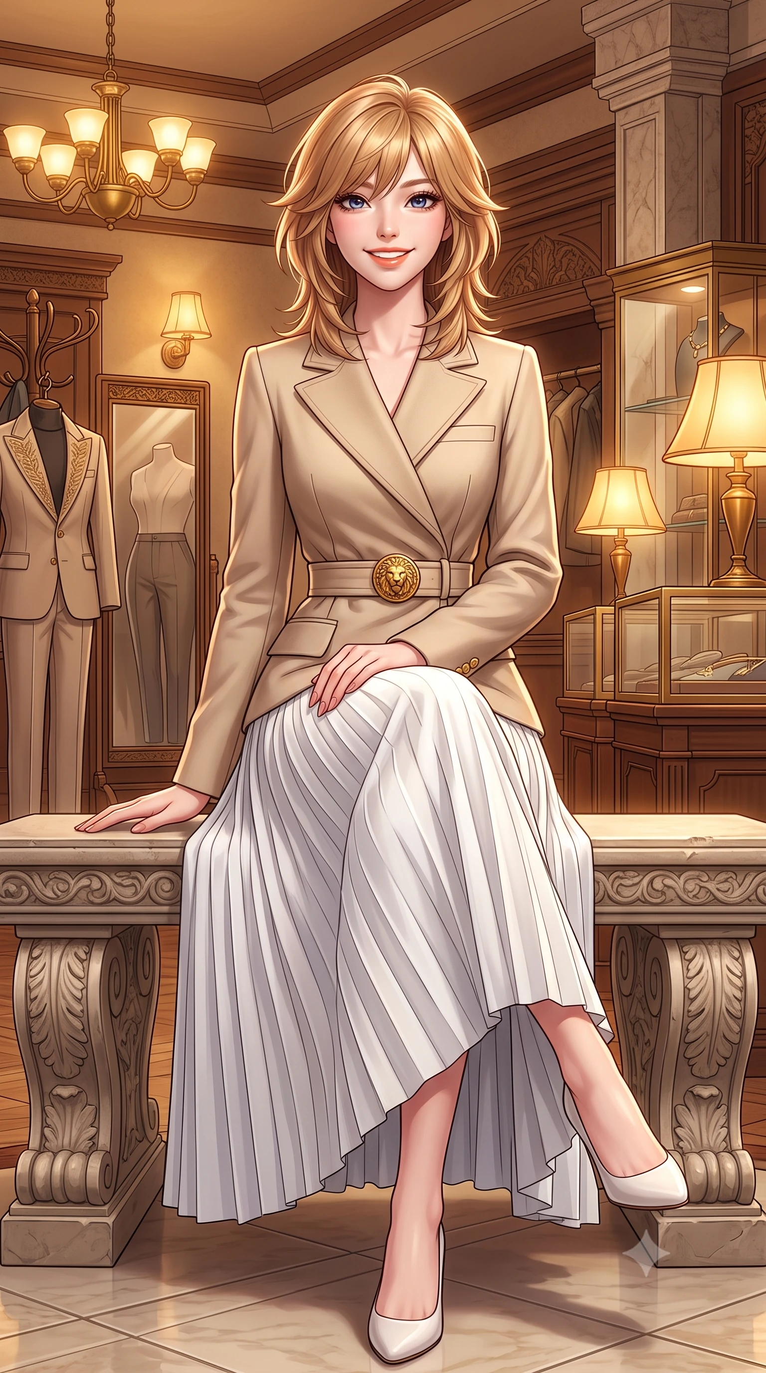 score_9, masterpiece, best quality, ultra-detailed, high-budget anime keyframe, semi-realistic 3D game render, editorial fashion photography, tasteful artistic composition, Korean woman. low angle full-body shot from head to toe showing her feet, filling the entire 9:16 vertical frame with her statuesque presence, stretching her vertical silhouette. sitting gracefully on the carved stone bench with legs crossed at the ankles, hands resting gently in her lap with noble poise while walking through the 1920s-inspired Ginza salon past brass-framed vitrines, turning with magnetic cosmopolitan charm. The surrounding environment is rendered in vivid detail and crisp panoramic clarity: detailed embroidered wool blazer lapels, tailored cigarette trousers, and Taisho-modernist architectural craftsmanship in razor-sharp precision. She has an exceptionally tall and slender model-like 8.5-heads proportion, an ultra-slim waist, a flat toned midriff, narrow delicate ribcage, and beautifully sculpted feminine hips creating a graceful, slim hourglass silhouette without any bulky heaviness, with impossibly long slender legs. sharp v-shaped jawline, high-bridge nose, intricate jewel-like sparkling eyes with depth, thick eyelashes, glossy parted lips with a natural peach sheen, bright cheerful beaming smile with an enchanting and coquettish sensual glint, exuding both youthful cute charm and seductive allure, flawlessly proportioned anatomical accuracy, strict slender model proportions, natural body alignment, perfectly sculpted long slender limbs, ultra-slim waistline, clean dynamic posture without body distortion. wearing an asymmetrical-wrap tailored wool jacket with clean geometric lines paired with a structured pleated maxi skirt in Swiss alpine snow white and oat cashmere, tailored from fine wool gabardine with crisp permanent pleats and sharp drape, accented with an ornate 24k gold lion-embossed crest button along the front closure, the structured cinched belt emphasizing her narrow waistline and gracefully balanced proportions with timeless haute-couture polish. bathed in warm 2900K incandescent amber illumination from authentic Art Deco brass chandeliers and table lamps. highly saturated vibrant anime colors, detailed shading with soft gradients, rich glossy textures, high-contrast stereoscopic depth, volumetric dynamic lighting, master piece, 9:16 ratio