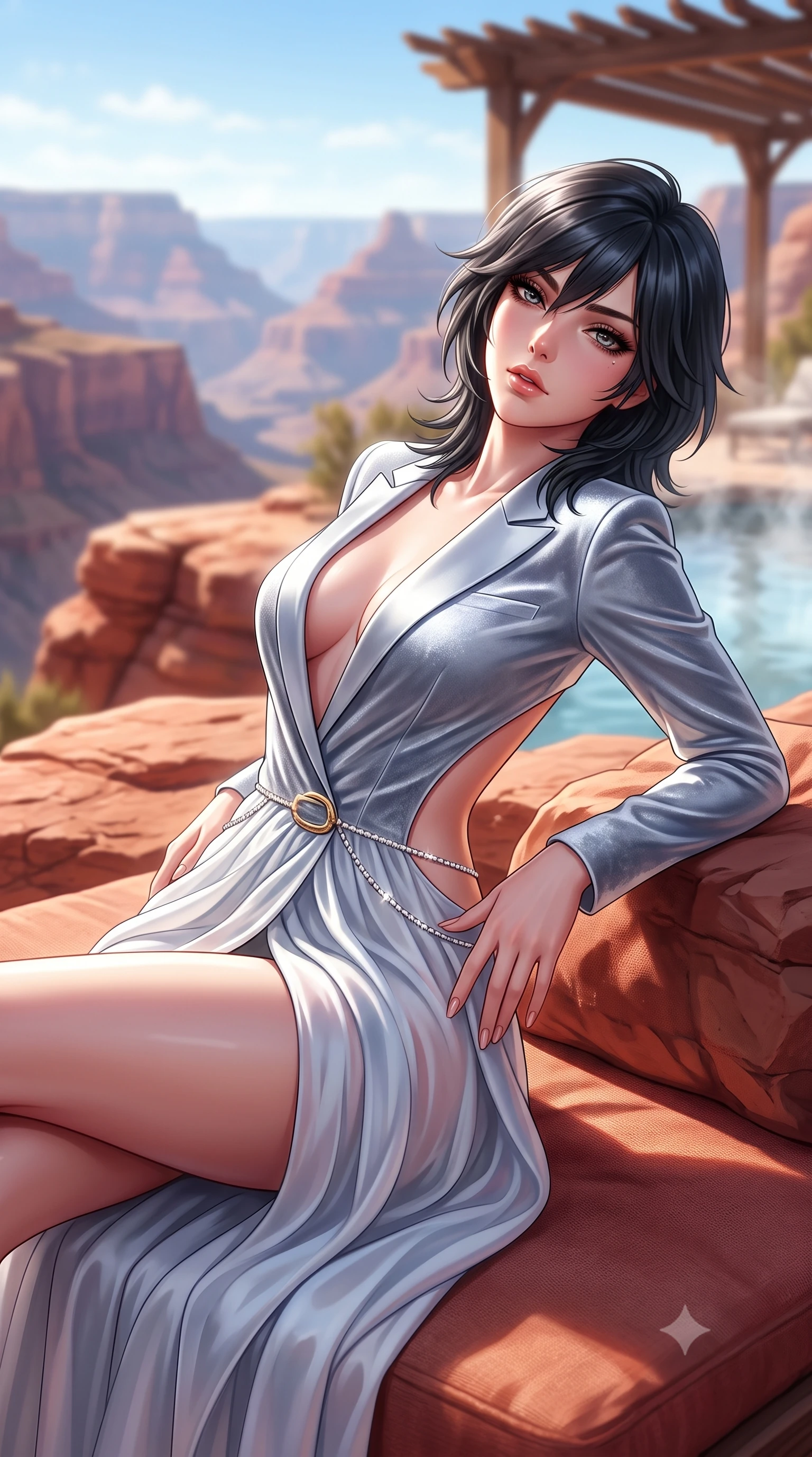 score_9, masterpiece, best quality, ultra-detailed, high-budget anime keyframe, semi-realistic 3D game render, editorial fashion photography, tasteful artistic composition, Caucasian woman. close-up cowboy shot from the waist and thighs up, the character dominates the composition, filling the frame with her large presence. arching her spine backward with effortless dancer poise, one hand sliding along her hip line as directional light carves specular highlights along her silhouette while reclining on a sun-warmed red rock terrace daybed propped on one elbow, arching her lower back to accentuate her curvy hips against the canyon panorama. The composition keeps background elements in soft focus with creamy bokeh. steaming pool water vapors and cedar shading pergolas softened in dreamy Southwestern shallow focus. She has an exceptionally elegant, slender, and willowy female figure with an ultra-slim waist, flat toned midriff, narrow ribcage, and sculpted feminine hips creating an alluring, slim hourglass silhouette without bulk. sharp v-shaped jawline, high-bridge nose, intricate jewel-like eyes with depth, thick eyelashes, glossy parted lips with a natural sheen, intensely captivating and seductive bedroom-eyes expression, flawlessly proportioned anatomical accuracy, strict slender model proportions, natural body alignment, perfectly sculpted long slender limbs, ultra-slim waistline, clean dynamic posture without body distortion. wearing a tailored velvet tuxedo jacket dress with satin lapels, worn with a deep plunge neckline and gold hip buckle in liquid starlight silver and arctic glacier white, woven from layered gossamer chiffon with a weightless sweeping drape, accented with a dainty diamond waist chain catching the ambient light reflections, the precision-cut side openings and low-back scoop framing her graceful spine and the sensual sweep of her slim, toned hips. surrounded by an earthy, sacred, and deeply sensual desert goddess aura. highly saturated vibrant anime colors, detailed shading with soft gradients, rich glossy textures, high-contrast stereoscopic depth, volumetric dynamic lighting, master piece, 9:16 ratio