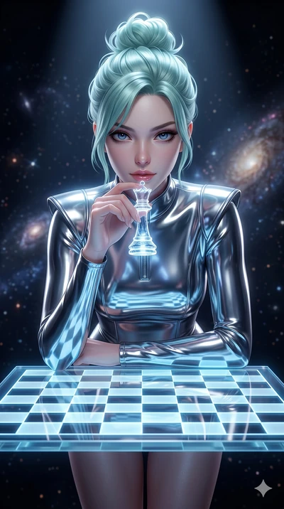 score_9, masterpiece, best quality, ultra-detailed, high-budget anime keyframe, semi-realistic 3D game render, Japanese woman. Upper body close-up from the thighs up, character filling the screen for maximum presence. She is leaning over a giant glow