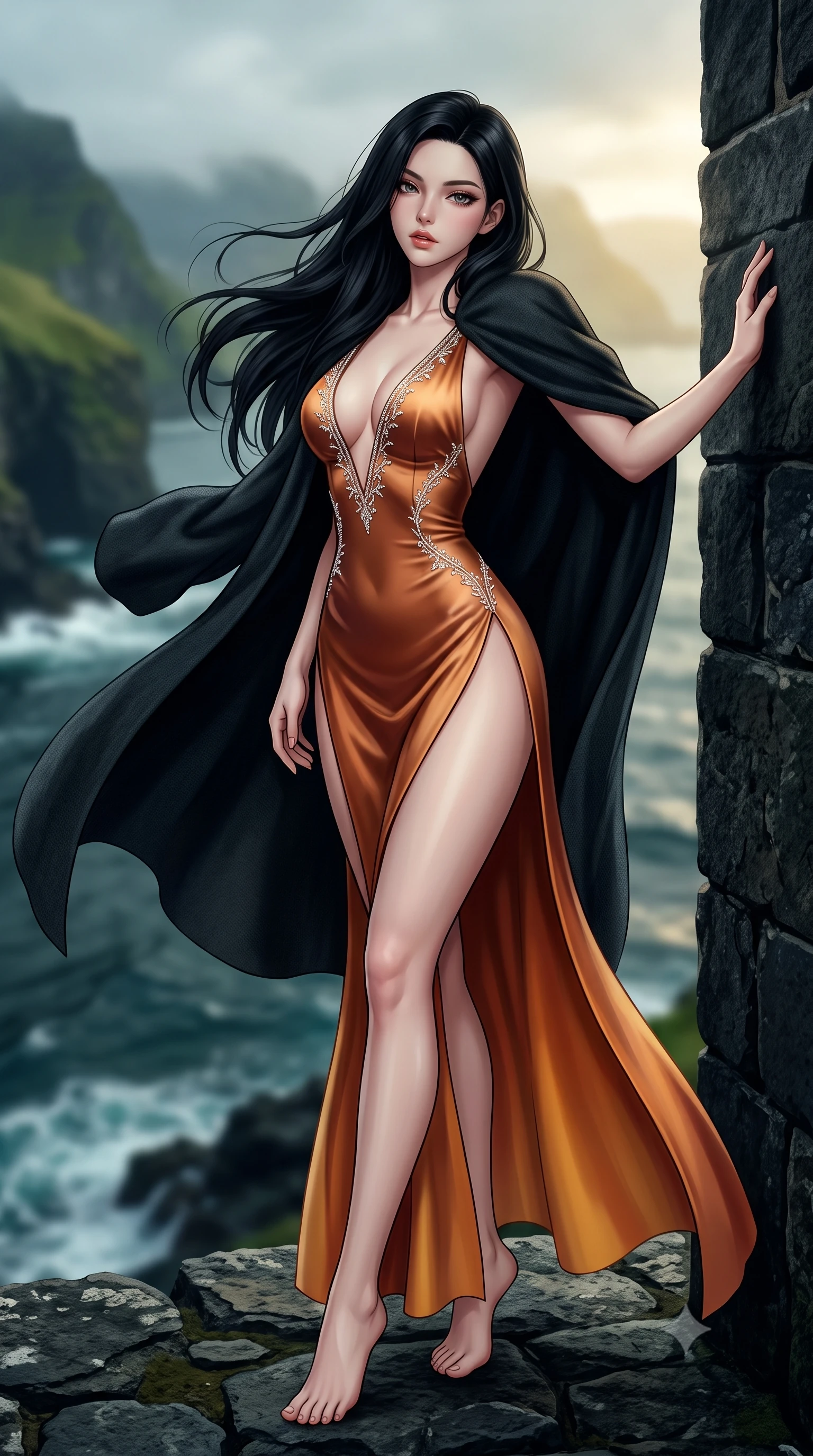 score_9, masterpiece, best quality, ultra-detailed, high-budget anime keyframe, semi-realistic 3D game render, editorial fashion photography, tasteful artistic composition, Korean woman. low angle full-body shot from head to toe showing her feet, filling the entire 9:16 vertical frame with her statuesque presence, stretching her vertical silhouette. leaning deep against the structural architecture with hips cocked in an unapologetically bold, seductive high-fashion stance while turning in an alluring dancer S-curve as fierce oceanic winds whip her heavy woolen cloak, gazing across the misty Scandinavian fjord archipelago. The composition keeps background elements in soft focus with creamy bokeh. sheer vertical green sea cliffs and crashing dark ocean breakers blurred into moody emerald, slate, and golden sunbeam bokeh. She has an exceptionally tall and slender model-like 8.5-heads proportion, an ultra-slim waist, a flat toned midriff, narrow delicate ribcage, and beautifully sculpted feminine hips creating a graceful, slim hourglass silhouette without any bulky heaviness, with impossibly long slender legs. sharp v-shaped jawline, high-bridge nose, intricate jewel-like eyes with depth, thick eyelashes, glossy parted lips with a natural sheen, intensely captivating and seductive bedroom-eyes expression, flawlessly proportioned anatomical accuracy, strict slender model proportions, natural body alignment, perfectly sculpted long slender limbs, ultra-slim waistline, clean dynamic posture without body distortion. wearing a plunging-V neckline duchess satin gown with high side slits ascending to the high hip in rich copper bronze and warm amber, tailored from ultra-smooth duchess satin with a pearlescent sheen, finished with delicate crystal frost embroidery tracing the plunging neckline, the form-contouring material adhering flawlessly to her sculpted flat midriff and slender torso, emphasizing her long leg lines and perfectly proportioned willowy build. illuminated by crisp oceanic ambient light contouring her razor-sharp jawline, narrow waist, and curvy hips. highly saturated vibrant anime colors, detailed shading with soft gradients, rich glossy textures, high-contrast stereoscopic depth, volumetric dynamic lighting, master piece, 9:16 ratio