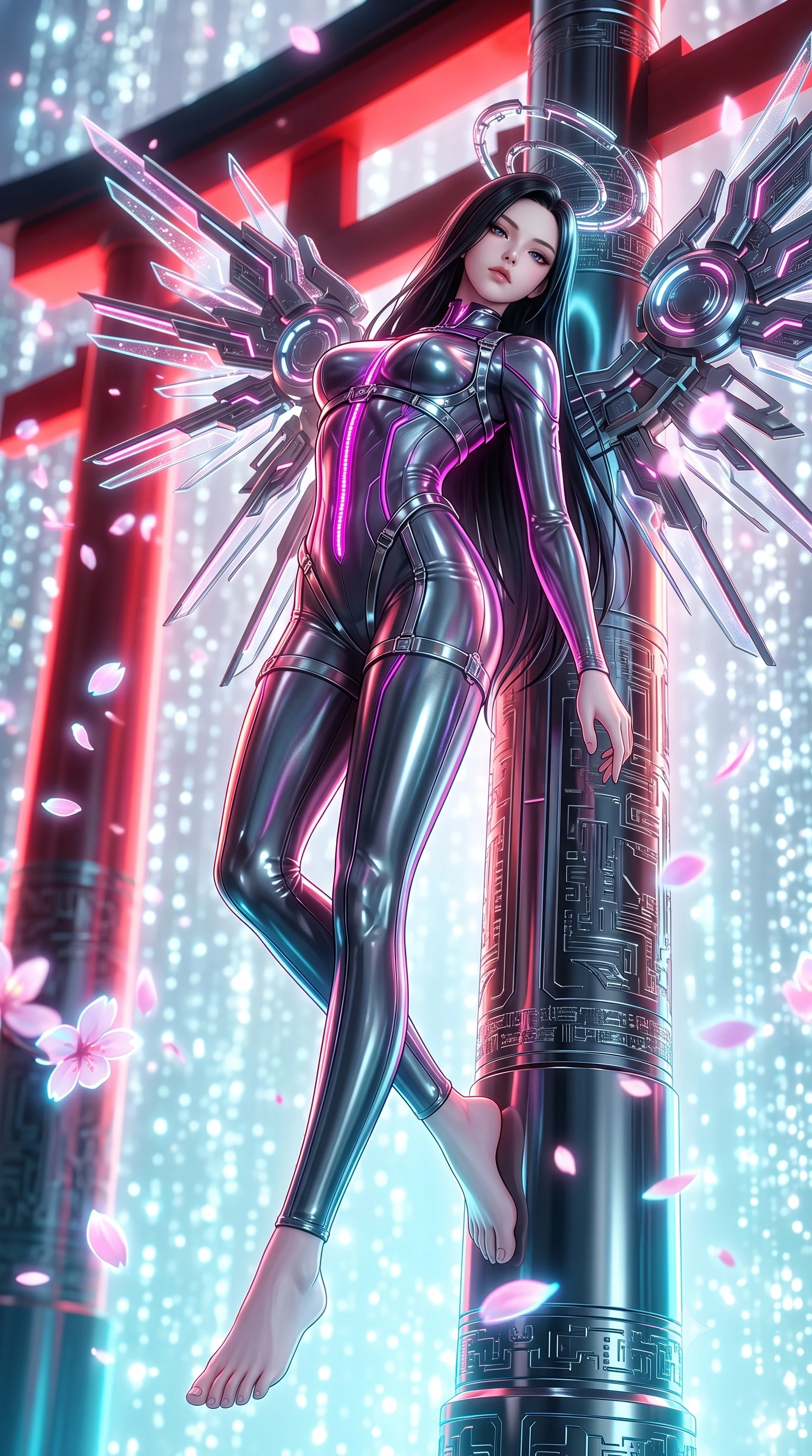 score_9, masterpiece, best quality, ultra-detailed, high-budget anime keyframe, editorial fashion photography, tasteful artistic composition, Korean woman. low angle full-body shot from head to toe showing her feet, filling the entire 9:16 vertical frame with her statuesque presence, stretching her vertical silhouette. arching her back gracefully in mid-air as glowing mechanical wings and floating cybernetic halos frame her statuesque presence while leaning against a chrome torii pillar with a serene, haughty gaze as digital cherry blossoms float past. The composition keeps background elements in soft focus with creamy bokeh. sparkling water matrix light motes creating a soft, luminous background curtain. She has an absolutely perfect, statuesque 8.5-heads proportion, an exceptionally tall and slender model-like female figure with impossibly long slender legs, a toned flat midriff, and an ultra-slim waist. sharp v-shaped jawline, high-bridge nose, intricate jewel-like eyes with depth, thick eyelashes, glossy lips with a natural sheen, flawlessly proportioned anatomical accuracy, strict slender model proportions, natural body alignment, perfectly sculpted long slender limbs, ultra-slim waistline, clean dynamic posture without body distortion. wearing an ultra-sleek aerodynamic tech-jumpsuit sculpted tightly to her figure, accented with glowing fiber-optic spine lines in vibrant electric magenta and ultra-reflective dark titanium, crafted from delicate iridescent organza interwoven with luminescent micro-fibers, reinforced by a sleek metallic chrome harness and delicate glowing micro-straps, the liquid-tight tailored fabric emphasizing every curve of her tall, slender model proportions and sculptured silhouette during dynamic movement. bathed in glowing scarlet torii gate backlighting and aquatic cyan matrix uplights. ultra-reflective glossy finish, specular highlights, dark metallic sheen, high-contrast stereoscopic depth, volumetric dynamic lighting, 2k, ultra detail, master piece, 9:16 ratio