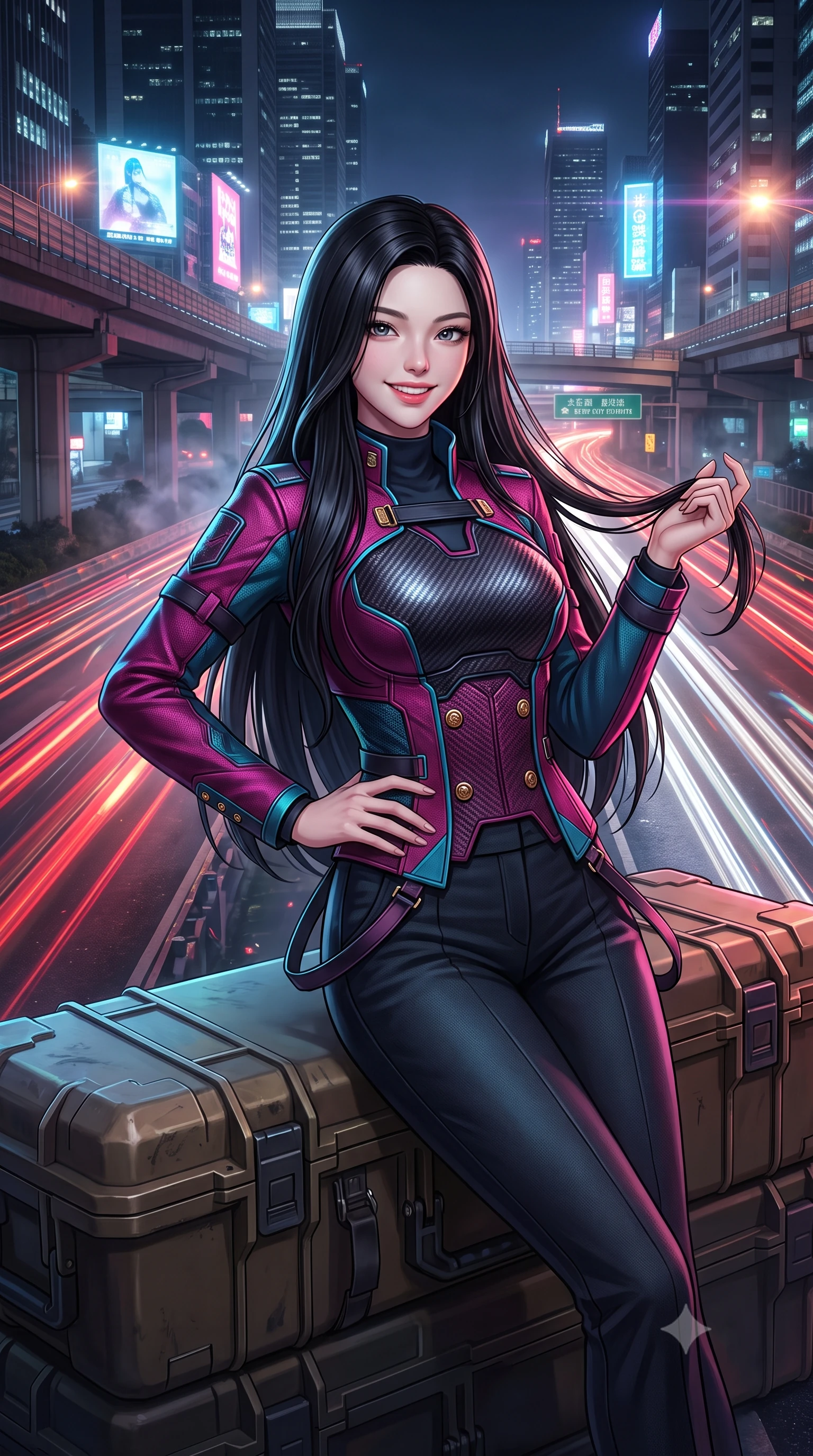 score_9, masterpiece, best quality, ultra-detailed, high-budget anime keyframe, semi-realistic 3D game render, editorial fashion photography, tasteful artistic composition, Korean woman. close-up cowboy shot from the waist and thighs up, the character dominates the composition, filling the frame with her large presence. twisting her slender torso in an alluring contrapposto stance, one hand resting on her sculpted hip while her fingers toy with her hair with effortless poise while lounging gracefully across the tactical sniper case propped on one elbow with legs extended, displaying her long slender limbs and statuesque hourglass silhouette against the highway lights. The surrounding environment is rendered in vivid detail and crisp panoramic clarity: detailed anime keyframe lines, rich glossy textures, and futuristic megalopolis highway infrastructure in razor-sharp precision. She has an exceptionally elegant, slender, and willowy female figure with an ultra-slim waist, flat toned midriff, narrow ribcage, and sculpted feminine hips creating an alluring, slim hourglass silhouette without bulk. sharp v-shaped jawline, high-bridge nose, intricate jewel-like sparkling eyes with depth, thick eyelashes, glossy parted lips with a natural peach sheen, bright cheerful beaming smile with an enchanting and coquettish sensual glint, exuding both youthful cute charm and seductive allure, flawlessly proportioned anatomical accuracy, strict slender model proportions, natural body alignment, perfectly sculpted long slender limbs, ultra-slim waistline, clean dynamic posture without body distortion. wearing a structured cyber-infantry dress uniform jacket with carbon-fiber chest plating and brass buttons over a mock-neck top and tailored wool trousers in Shinjuku acid-rain magenta and cyan neon, tailored from high-density tech-wool with subtle metallic thread weave, finished with sleek magnetic buckle closures fluttering in the breeze, the impeccably tailored cut draping gracefully along her slender figure with aristocratic poise. bathed in the continuous dynamic red-and-white illumination of flowing vehicle light trails mixed with neon billboard glow. highly saturated vibrant anime colors, detailed shading with soft gradients, rich glossy textures, high-contrast stereoscopic depth, volumetric dynamic lighting, master piece, 9:16 ratio