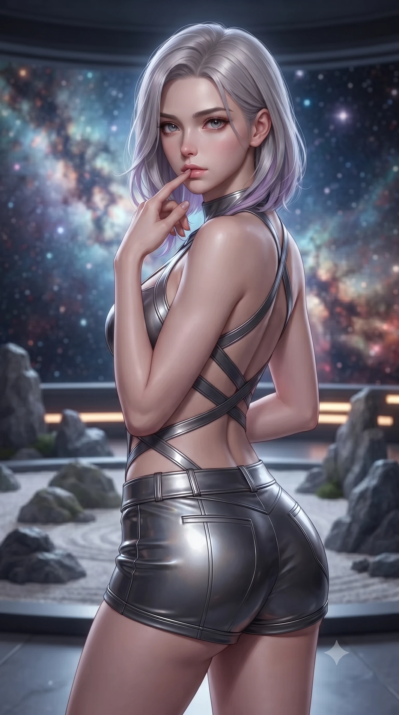 score_9, masterpiece, best quality, ultra-detailed, high-budget anime keyframe, editorial fashion photography, tasteful artistic composition, Caucasian woman. close-up cowboy shot from the waist and thighs up, the character dominates the composition, filling the frame with her large presence, background elements kept in soft focus. pressing one finger to her bottom lip in a thoughtful, composed gesture, locking eyes with the viewer, the background shows a soft-focus a rock garden observatory platform looking out at a space nebula in stardust. She has an exceptionally elegant, slender, and willowy female figure with an ultra-slim waist, a gracefully sculpted slender torso, and a refined silhouette. sharp v-shaped jawline, high-bridge nose, intricate jewel-like eyes with depth, thick eyelashes, glossy lips with a natural sheen. wearing a body-hugging backless halter-neck combat top with criss-cross strapping, paired with carbon-alloy micro-shorts. soft silver starlight wrapping her statuesque posture in a quiet, solemn mood. ultra-reflective glossy finish, specular highlights, metallic sheen, high-contrast stereoscopic depth, volumetric dynamic lighting, 2k, ultra detail, master piece, 9:16 ratio
