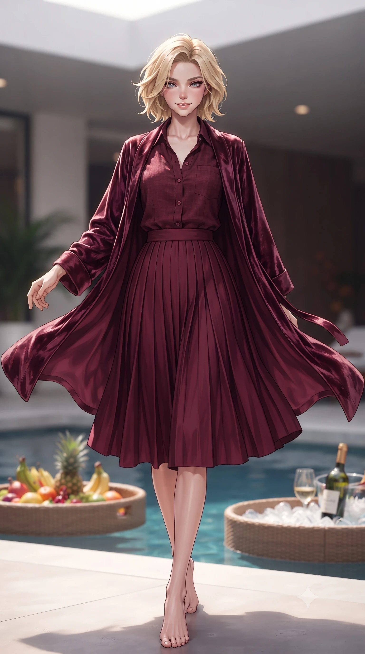 score_9, masterpiece, best quality, ultra-detailed, high-budget anime keyframe, editorial fashion photography, tasteful artistic composition, Caucasian woman. low angle full-body shot from head to toe showing her feet, filling the entire 9:16 vertical frame with her statuesque presence, stretching her vertical silhouette. twirling slowly with a sensual half-smile, letting her silky robe billow gently to reveal her elegant leg line set against a soft-focus background of inside an exclusive vanity suite with a floating pool tray of tropical fruits and chilled wine in soft focus. She has an absolutely perfect, statuesque 8.5-heads proportion, an exceptionally tall and slender model-like female figure with impossibly long slender legs and an ultra-slim waist. sharp v-shaped jawline, high-bridge nose, intricate jewel-like eyes with depth, thick eyelashes, glossy lips with a natural sheen. wearing tailored deep burgundy crushed velvet casual linen button-down shirt paired with a flowy pleated midi skirt featuring refined tailored seams. accented by a single dramatic key light highlighting her statuesque posture and slim waist. highly saturated vibrant anime colors, detailed shading with soft gradients, rich glossy textures, high-contrast stereoscopic depth, volumetric dynamic lighting, master piece, 9:16 ratio