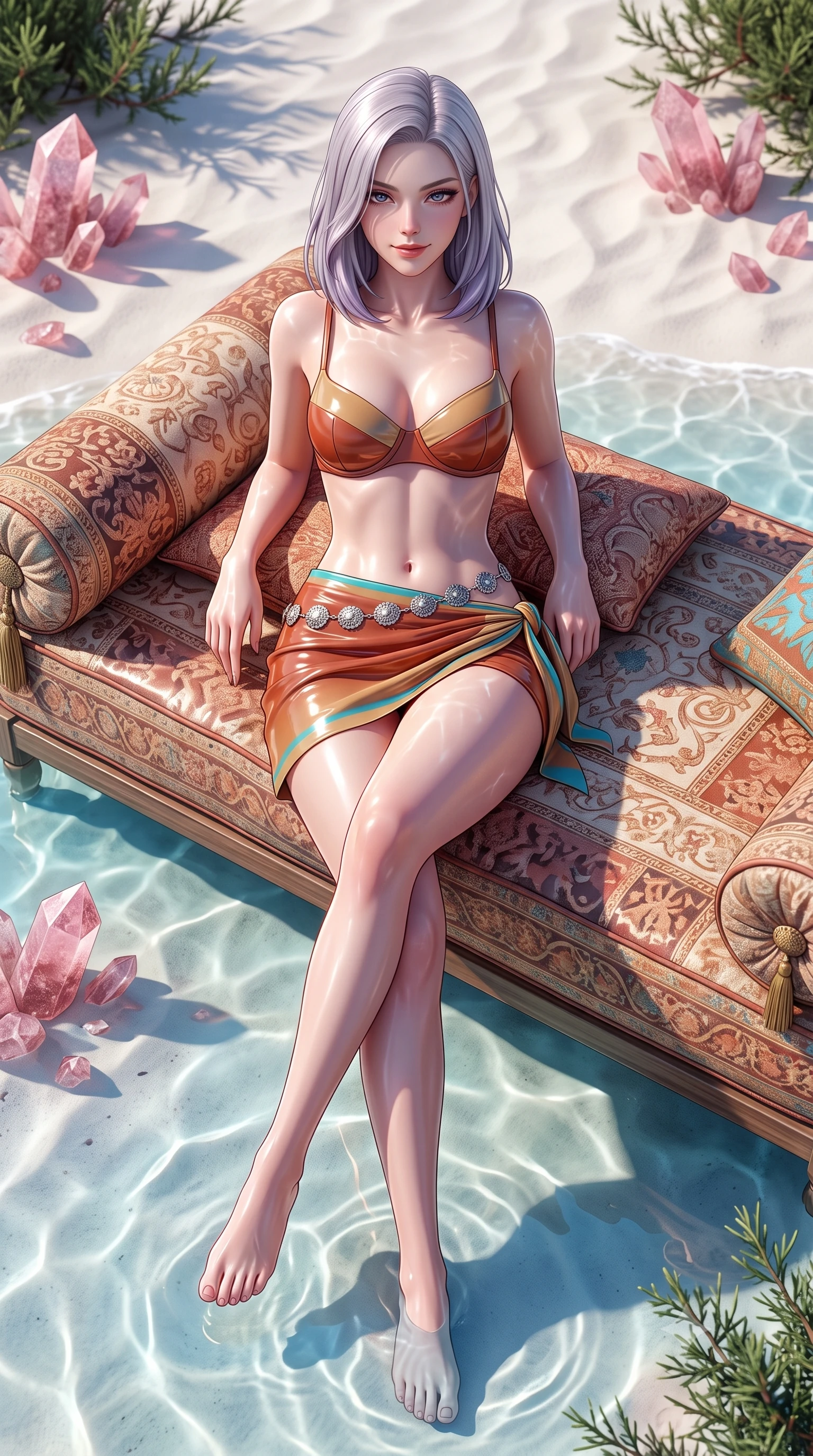 score_9, masterpiece, best quality, ultra-detailed, high-budget anime keyframe, semi-realistic 3D game render, editorial fashion photography, tasteful artistic composition, Caucasian woman. low angle full-body shot from head to toe showing her feet, filling the entire 9:16 vertical frame with her statuesque presence, stretching her vertical silhouette. lounging on the lavish daybed with legs crossed and hips angled toward the camera, displaying her toned midriff and long slender limbs with effortless siren poise while lounging in the shallow water over smooth sand with legs extended, water gently lapping her thighs as she casts a smoldering bedroom-gaze. The surrounding environment is rendered in vivid detail and crisp panoramic clarity: sharp pink granite feldspar crystals, clear shallow water ripple shadows on white sand, and wild juniper needles in deep focus. She has an absolutely perfect, statuesque 8.5-heads proportion, an exceptionally tall and slender model-like female figure with impossibly long slender legs, an ultra-slim waist, a flat toned midriff, narrow delicate ribcage, and beautifully sculpted feminine hips creating a graceful, slim hourglass silhouette without any bulky heaviness. sharp v-shaped jawline, high-bridge nose, sparkling eyes with hypnotic seductive depth, thick curled eyelashes, glossy parted lips with a natural dewy peach sheen, alluring bedroom-eyes with an enchanting coquettish smile, exuding magnetic siren charisma and sophisticated glamour, flawlessly proportioned anatomical accuracy, strict slender model proportions, natural body alignment, perfectly sculpted long slender limbs, ultra-slim waistline, clean dynamic posture without body distortion. wearing a structured underwire bikini bustier top paired with an ultra-short draped sarong wrap mini skirt in terracotta rust and desert sand gold with turquoise accents, crafted from wet-look high-gloss vinyl fabric with dazzling specular surface reflections, accented with an intricate silver concho waist chain resting loosely on her curvy hips, the liquid-tight tailored fabric clinging flawlessly to her narrow waist and rounded feminine hips, emphasizing every millimeter of her sculpted slim hourglass curves without any bulky heaviness. illuminated by lagoon water caustic bounce and sharp platinum rim lights defining her delicate clavicles, narrow waist, and curvy hips. highly saturated vibrant anime colors, detailed shading with soft gradients, rich glossy textures, high-contrast stereoscopic depth, volumetric dynamic lighting, master piece, 9:16 ratio