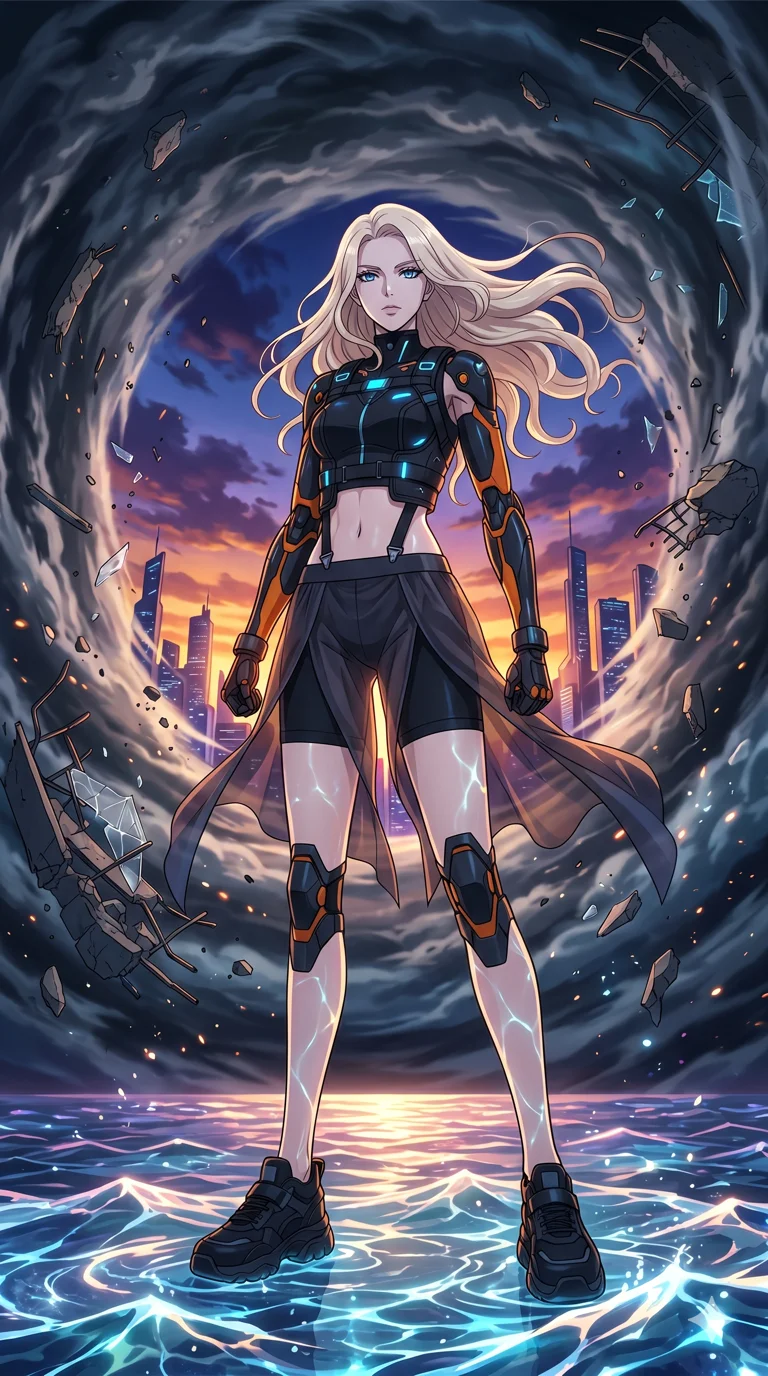 score_9, masterpiece, best quality, ultra-detailed, High-budget Anime Keyframe, vibrant colors, fluid line-art, expressive lighting, cinematic composition, Ufotable-style visual effects, top-tier animation quality, Caucasian woman with pale skin, blonde hair, and (strictly human ears). Cinematic low angle perspective showcasing her towering height and perfect 8-heads proportion. Standing in the eye of a terrifying hurricane with absolute calm, the debris of a destroyed city circling her in a violent vortex. She has an absolutely perfect 8-heads proportion, an exceptionally tall and slender female figure with impossibly long slender legs and an ultra-slim waist, her statuesque height and towering silhouette dominating the vertical 9:16 frame. Her face is a masterpiece featuring a sharp v-shaped jawline, high-bridge nose, intricate jewel-like eyes with depth, thick eyelashes, and glossy lips with a natural sheen. She is wearing a Cyber-augmented streetwear featuring mechanical arm parts and a micro-shorts/harness combo crafted from Sheer silk that is almost transparent, flowing like water around her statuesque frame, with an exposed midriff and a complex harness system that draws the eye. The scene is set in a vibrant sunset over a futuristic crystalline ocean with waves made of liquid light, illuminated by underwater caustic lighting with ripples of light dancing across her body. 2k, ultra detail, master piece, 9:16 ratio