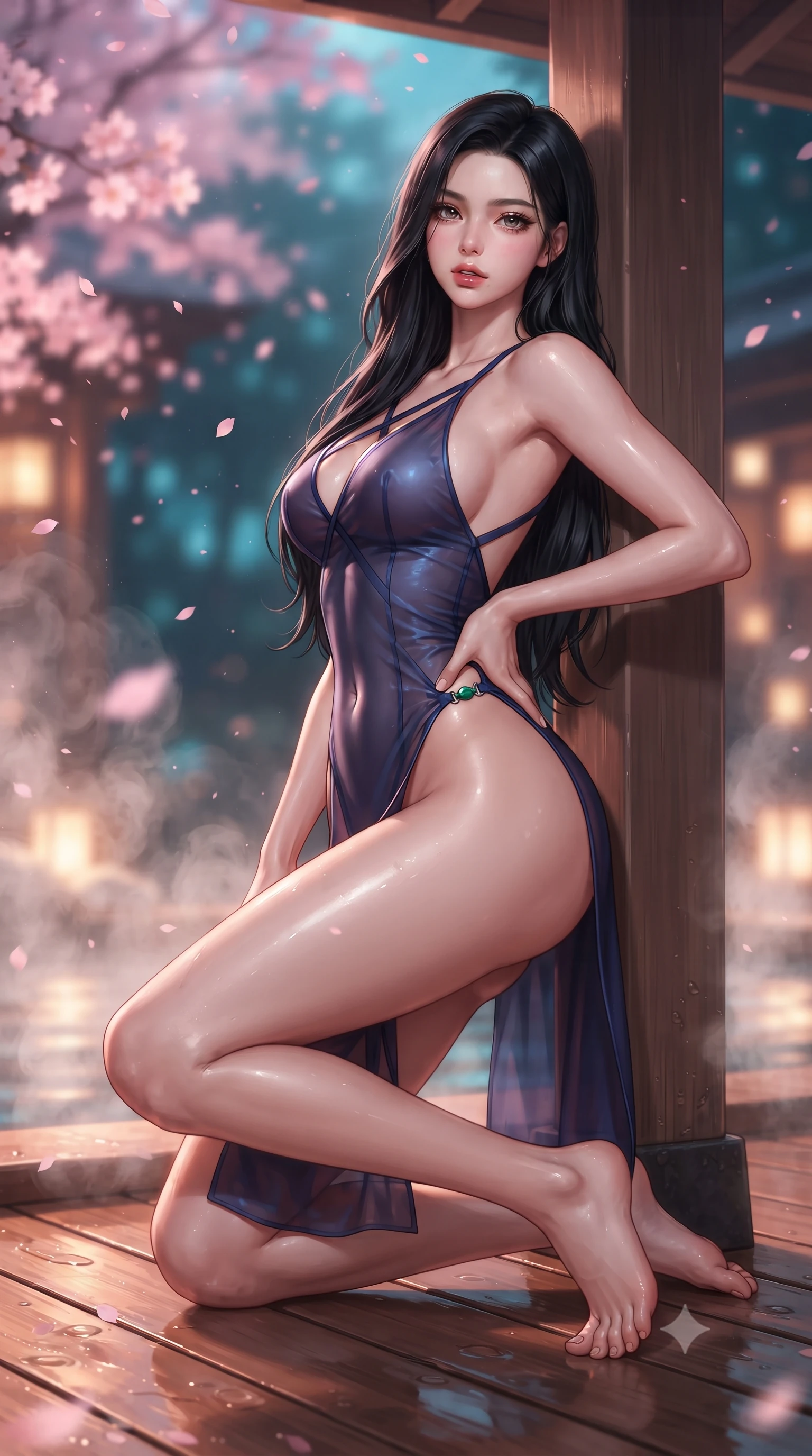 score_9, masterpiece, best quality, ultra-detailed, high-budget anime keyframe, editorial fashion photography, tasteful artistic composition, Korean woman. low angle full-body shot from head to toe showing her feet, filling the entire 9:16 vertical frame with her statuesque presence, stretching her vertical silhouette. leaning deep against the structural architecture with hips cocked in an unapologetically bold, seductive high-fashion stance while kneeling gracefully on the warm wet cedar deck, one hand resting on her bare hip as thermal steam caresses her feminine curves. The composition keeps background elements in soft focus with creamy bokeh. swirling thermal steam clouds and falling sakura petals blurred into soft blossom-pink, warm amber, and deep cyan bokeh. She has an absolutely perfect, statuesque 8.5-heads proportion, an exceptionally tall and slender model-like female figure with impossibly long slender legs, a toned flat midriff, an ultra-slim waist, and beautifully sculpted feminine hips. sharp v-shaped jawline, high-bridge nose, intricate jewel-like eyes with depth, thick eyelashes, glossy parted lips with a natural sheen, intensely captivating and seductive bedroom-eyes expression, flawlessly proportioned anatomical accuracy, strict slender model proportions, natural body alignment, perfectly sculpted long slender limbs, ultra-slim waistline, clean dynamic posture without body distortion. wearing a second-skin thermal onsen monokini with high-cut hip openings and crossed back straps in midnight indigo and glowing starlight gold, crafted from weightless prism organza that refracts light with every motion, finished with an ultra-high side slit secured by miniature jade clasps, the liquid-tight tailored fabric clinging flawlessly to her narrow waist and rounded feminine hips, emphasizing every millimeter of her sculpted hourglass curves during movement. bathed in soft pink cherry blossom ambient glow and warm underwater mineral pool lights. ultra-reflective glossy finish, specular highlights, rich textural contrasts, high-contrast stereoscopic depth, volumetric dynamic lighting, 2k, ultra detail, master piece, 9:16 ratio