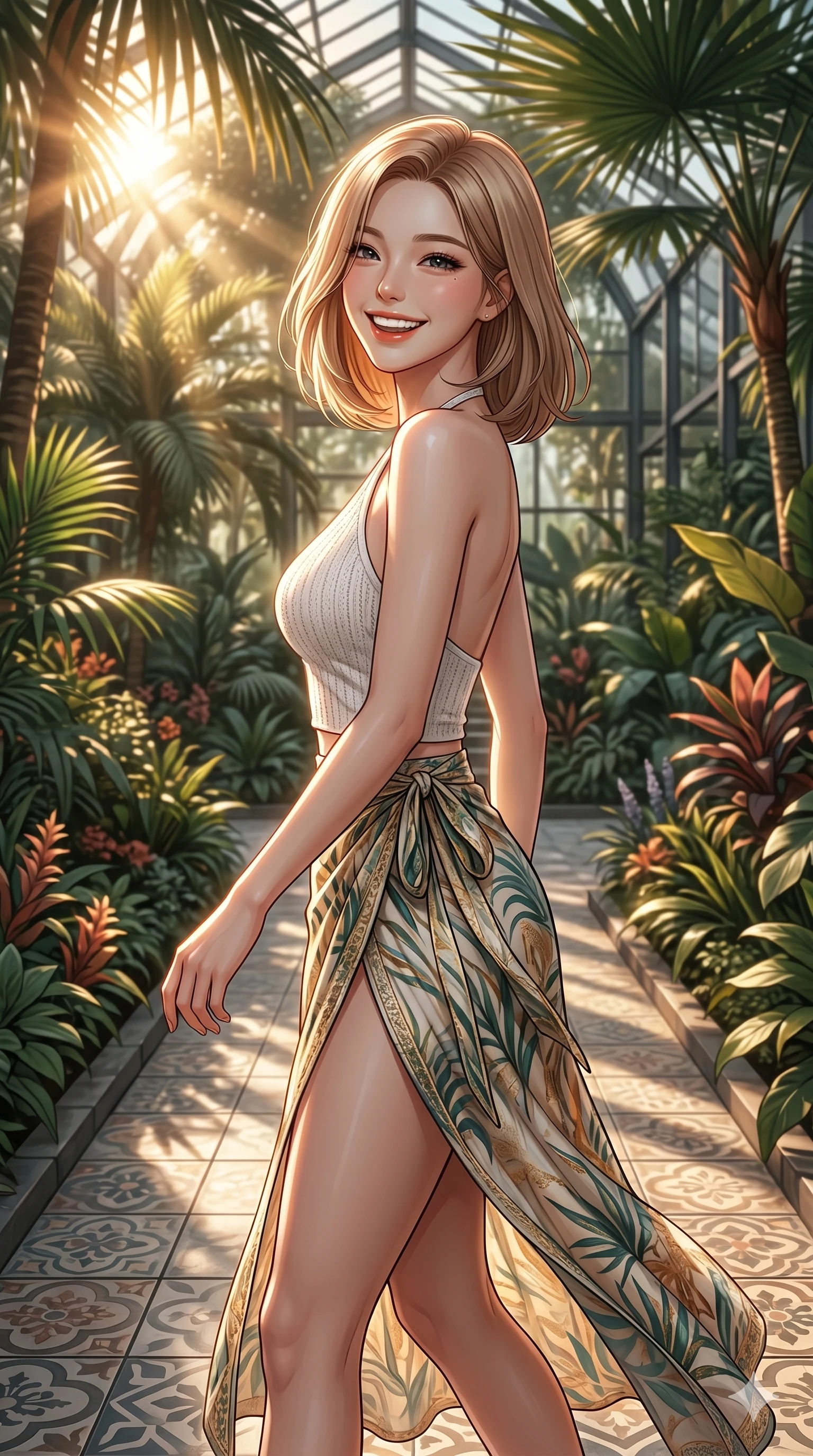 score_9, masterpiece, best quality, ultra-detailed, high-budget anime keyframe, editorial fashion photography, tasteful artistic composition, Korean woman. cowboy shot from the thighs up, character and outfit filling the frame for maximum editorial presence. turning around with a bright, happy grin, her eyes sparkling with joy walking along a tiled pathway in a modern botanical hotel garden. She has an absolutely perfect 8-heads proportion, an exceptionally tall and slender female figure with impossibly long slender legs and an ultra-slim waist. V-shaped jawline, high-bridge nose, intricate jewel-like eyes with depth, thick eyelashes, glossy lips with a natural sheen. wearing a white knit halter top showing her elegant clavicle lines, and a high-slit wrap skirt. bathed in warm afternoon sunbeams filtering through the tropical plants. 2k, ultra detail, master piece, 9:16 ratio