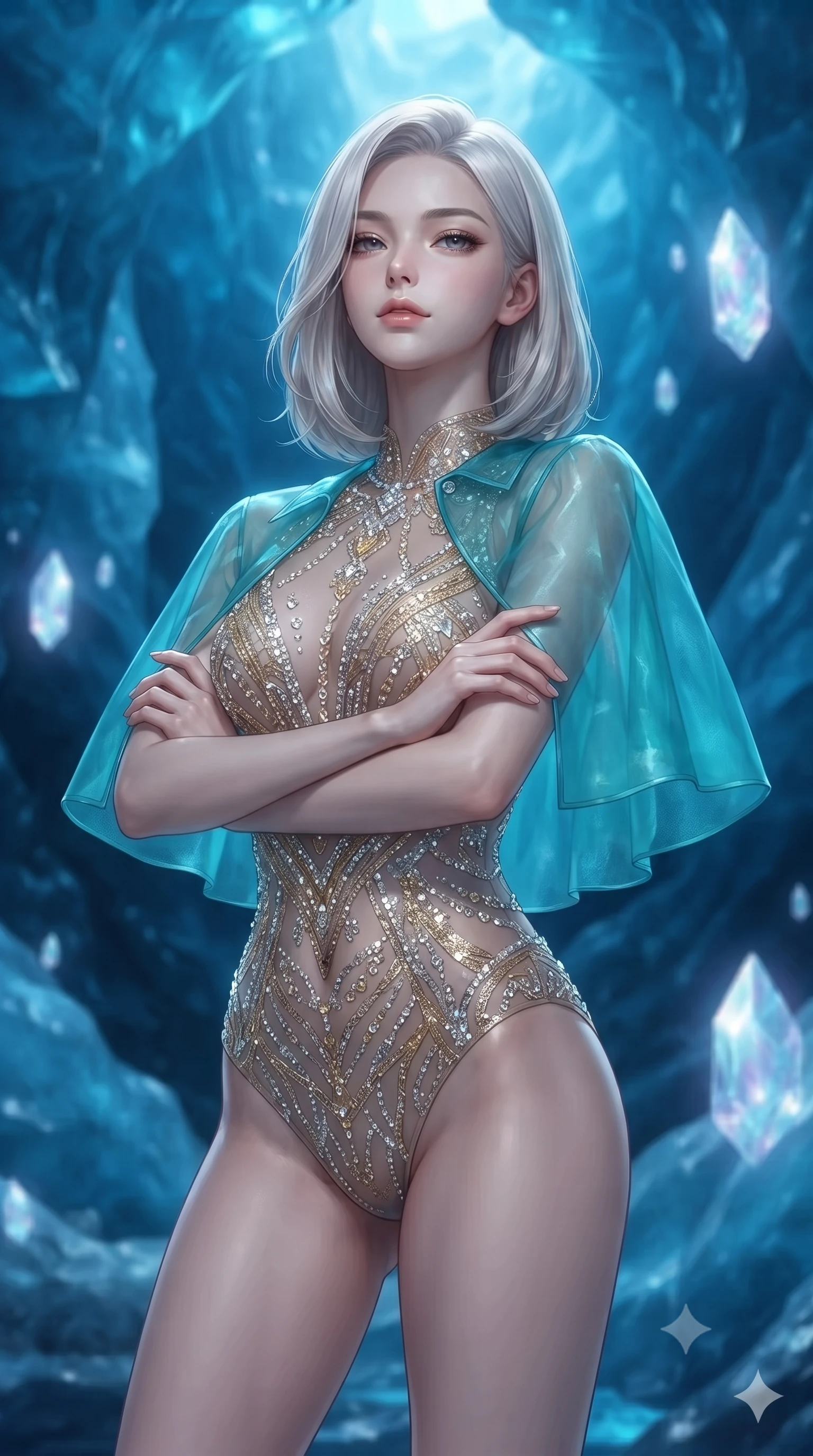 score_9, masterpiece, best quality, ultra-detailed, high-budget anime keyframe, editorial fashion photography, tasteful artistic composition, Korean woman. close-up cowboy shot from the waist and thighs up, the character dominates the composition, filling the frame with her large presence, background elements kept in soft focus. Crossing her arms with serene confidence and chin slightly raised. set against a soft-focus background of inside a massive glacier cave where the ice walls are deep sapphire blue compressed by millennia of pressure light filtering through the ancient ice creating an atmosphere like being submerged in a blue ocean. She has an exceptionally elegant and slender, willowy female figure with an ultra-slim waist, a gracefully sculpted slender torso, and a refined slim physique. sharp v-shaped jawline, high-bridge nose, intricate jewel-like eyes with depth, thick eyelashes, glossy lips with a natural sheen. wearing a crystal-embellished sheer bodysuit in gold and silver, under a short transparent turquoise organza cape. ethereal pearlescent light emanating from floating crystalline formations all around. 2k, ultra detail, master piece, 9:16 ratio