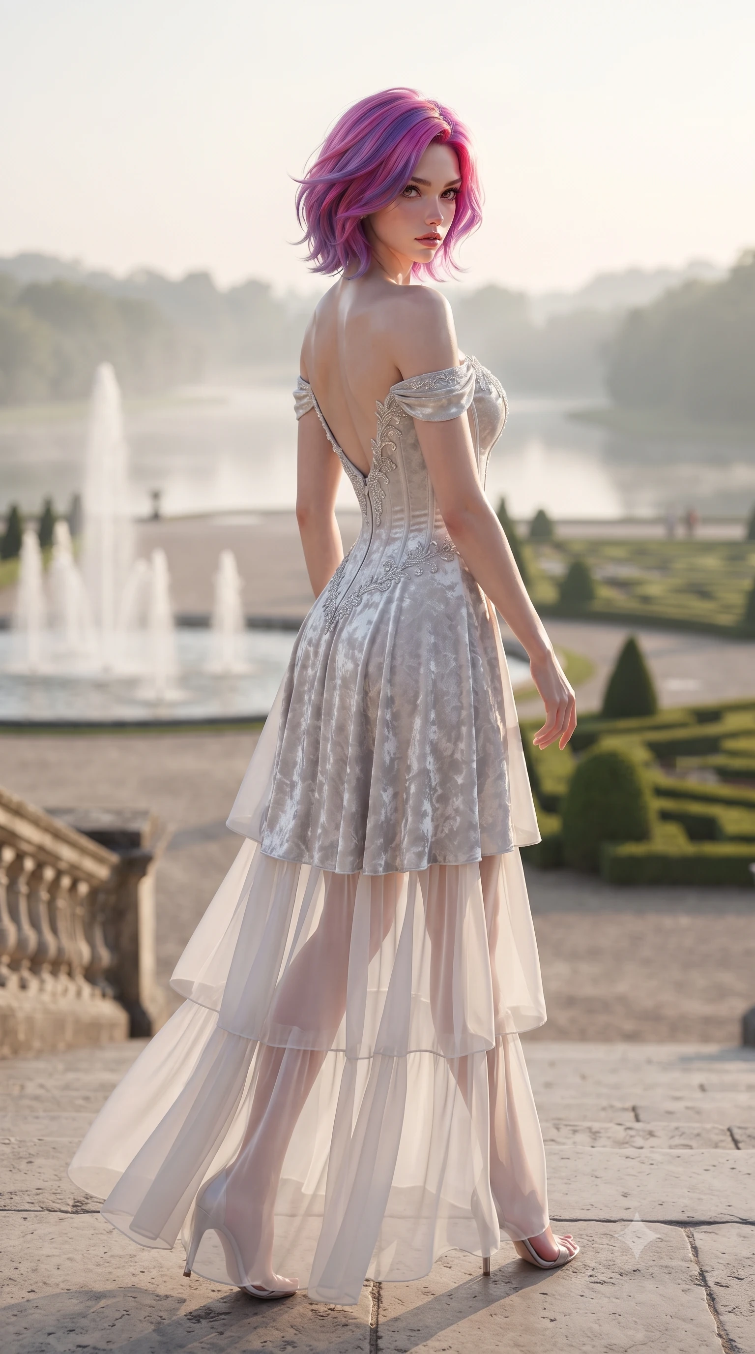 score_9, masterpiece, best quality, ultra-detailed, high-budget anime keyframe, editorial fashion photography, tasteful artistic composition, Caucasian woman. low angle full-body shot from head to toe showing her feet, filling the entire 9:16 vertical frame with her statuesque presence, stretching her vertical silhouette. posing with back turned slightly to the lens, glancing back with smoldering allure as she arches her lower back to emphasize her sculpted feminine hips and slender waist while striding gracefully along the monumental stone terrace overlooking formal fountains, arching her back with sovereign aristocratic charisma. The composition keeps background elements in soft focus with creamy bokeh. manicured boxwood parterres and lake mist softened in majestic aristocratic shallow focus. She has an exceptionally tall and slender model-like 8.5-heads proportion, an ultra-slim waist, a flat toned midriff, narrow delicate ribcage, and beautifully sculpted feminine hips creating a graceful, slim hourglass silhouette without any bulky heaviness, with impossibly long slender legs. sharp v-shaped jawline, high-bridge nose, intricate jewel-like eyes with depth, thick eyelashes, glossy parted lips with a natural sheen, intensely captivating and seductive bedroom-eyes expression, flawlessly proportioned anatomical accuracy, strict slender model proportions, natural body alignment, perfectly sculpted long slender limbs, ultra-slim waistline, clean dynamic posture without body distortion. wearing an off-shoulder French court corset bodice dress paired with a tiered translucent chiffon slit skirt in shimmering silver mercury and pearl white, crafted from heavyweight crushed silk velvet with liquid vintage luster, finished with delicate crystal frost embroidery tracing the plunging neckline, the precision-cut side openings and low-back scoop framing her graceful spine and the sensual sweep of her slim, toned hips. illuminated by crisp directional sunset rays sharply sculpting her razor-sharp jawline, narrow waist, and curvy hips. ultra-reflective glossy finish, specular highlights, rich textural contrasts, high-contrast stereoscopic depth, volumetric dynamic lighting, 2k, ultra detail, master piece, 9:16 ratio