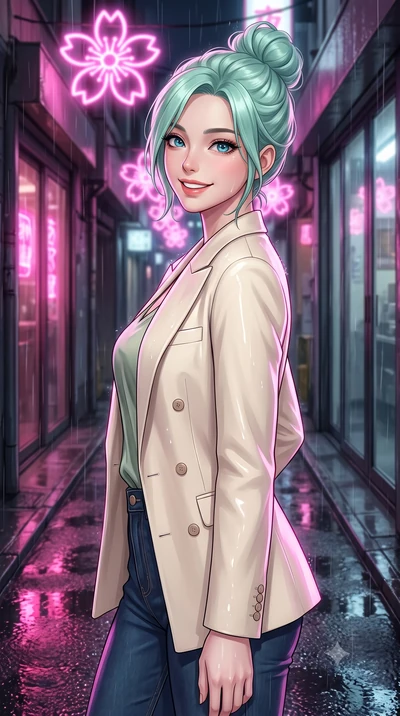 score_9, masterpiece, best quality, ultra-detailed, high-budget anime keyframe, editorial fashion photography, tasteful artistic composition, Japanese woman. close-up cowboy shot from the waist and thighs up, the character dominates the composition, 