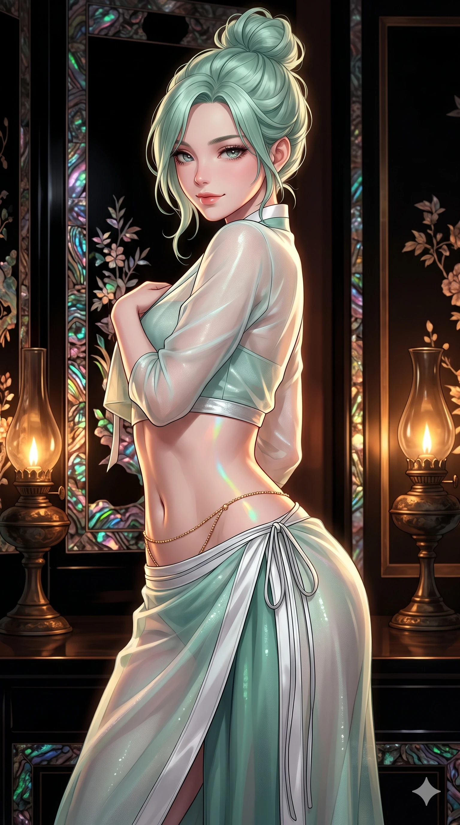score_9, masterpiece, best quality, ultra-detailed, high-budget anime keyframe, editorial fashion photography, tasteful artistic composition, Japanese woman. close-up cowboy shot from the waist and thighs up, the character dominates the composition, filling the frame with her large presence. twisting her slender torso in a deep contrapposto stance, hips dramatically shifted to accentuate her feminine curves while looking past her shoulder with smoldering bedroom-eyes while twisting her slender torso in an alluring contrapposto stance, rainbow mother-of-pearl reflections contouring her waist and hips. The surrounding environment is rendered in vivid detail and crisp panoramic clarity: sharp iridescent abalone shell inlay edges, deep mirror-like black lacquer gloss, and bronze oil lamp patina in deep focus. She has an exceptionally elegant, slender, and willowy female figure with an ultra-slim waist, flat toned midriff, narrow ribcage, and sculpted feminine hips creating an alluring, slim hourglass silhouette without bulk. sharp v-shaped jawline, high-bridge nose, sparkling eyes with hypnotic seductive depth, thick curled eyelashes, glossy parted lips with a natural dewy peach sheen, alluring bedroom-eyes with an enchanting coquettish smile, exuding magnetic siren charisma and sophisticated glamour, flawlessly proportioned anatomical accuracy, strict slender model proportions, natural body alignment, perfectly sculpted long slender limbs, ultra-slim waistline, clean dynamic posture without body distortion. wearing an alluring low-slung modern hanbok wrap skirt with bare waist flanks and delicate silk cord ties in moonlit jade green and pure alabaster white with silver accents, crafted from delicate semi-sheer Korean gossamer organza with subtle pearlescent glints, finished with a dainty gold belly chain resting across her flat midriff and curving hips, the impeccably tailored cut draping gracefully along her slender figure with aristocratic eastern poise. bathed in soft moody amber chiaroscuro lighting spilling from ornate bronze oil lamps. ultra-reflective glossy finish, specular highlights, rich textural contrasts, high-contrast stereoscopic depth, volumetric dynamic lighting, 2k, ultra detail, master piece, 9:16 ratio