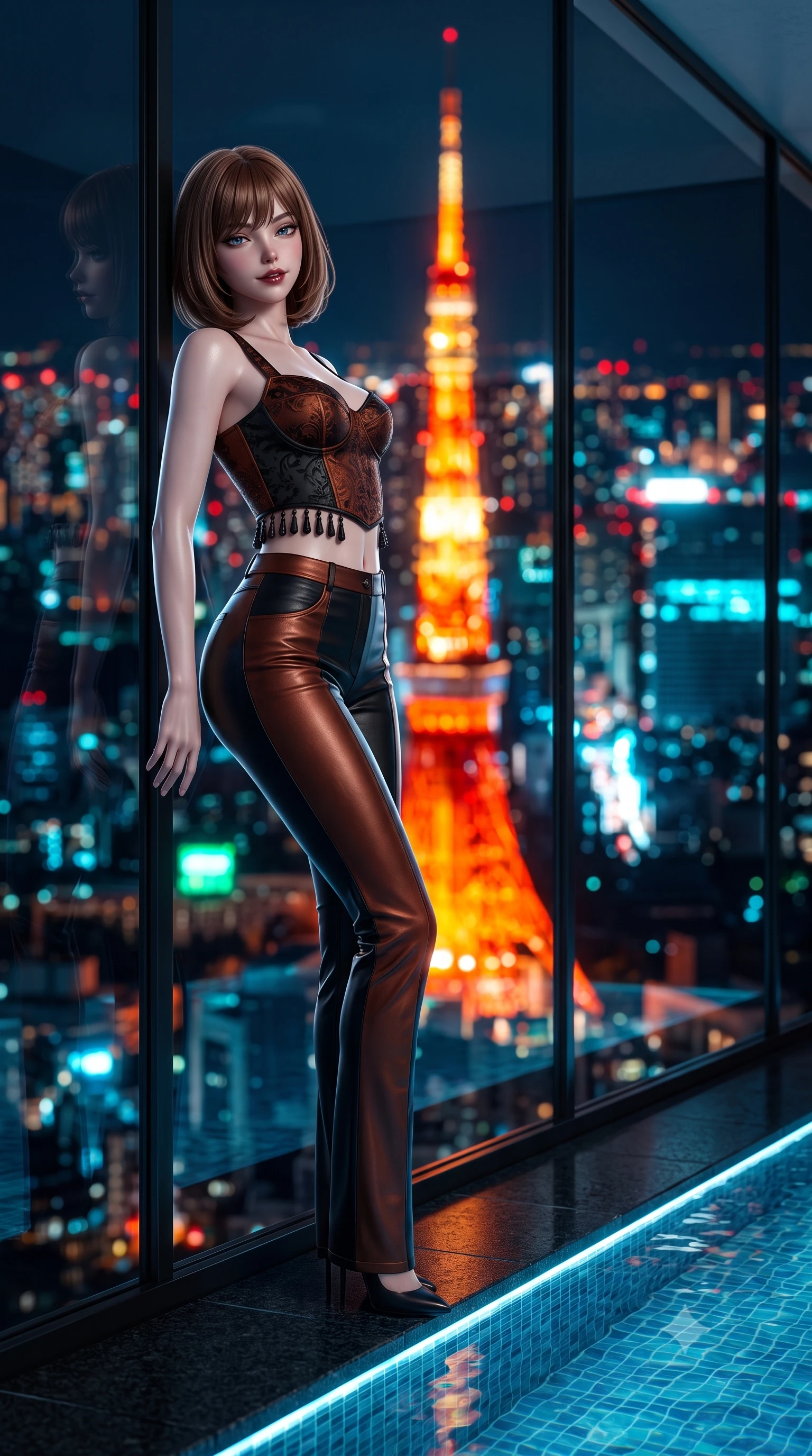 score_9, masterpiece, best quality, ultra-detailed, high-budget anime keyframe, semi-realistic 3D game render, editorial fashion photography, tasteful artistic composition, Caucasian woman. low angle full-body shot from head to toe showing her feet, filling the entire 9:16 vertical frame with her statuesque presence, stretching her vertical silhouette. leaning back against the panoramic glass window with hips cocked back in an unapologetically alluring high-fashion stance, illuminated by the city night vista while standing poised at the edge of the illuminated black-granite infinity pool, arching her back as the iconic glowing orange Tokyo Tower towers in the background. The composition keeps background elements in soft focus with dreamy creamy bokeh. the fiery orange beacon of Tokyo Tower and dense megalopolis sea of lights blurred into brilliant scarlet, amber, and electric cyan bokeh. She has an exceptionally tall and slender model-like 8.5-heads proportion, an ultra-slim waist, a flat toned midriff, narrow delicate ribcage, and beautifully sculpted feminine hips creating a graceful, slim hourglass silhouette without any bulky heaviness, with impossibly long slender legs. sharp v-shaped jawline, high-bridge nose, intricate jewel-like dark sparkling eyes with dangerous depth, thick curled eyelashes, glossy parted lips with a rich wine sheen, smoldering seductive half-smile with bedroom-eyes, exuding effortless superiority and intoxicating dark allure, flawlessly proportioned anatomical accuracy, strict slender model proportions, natural body alignment, perfectly sculpted long slender limbs, ultra-slim waistline, clean dynamic posture without body distortion. wearing a cropped structured bodice top paired with ultra-fitted high-waisted leather trousers tracing her hips in dark burnt copper and matte black, tailored from rich silk jacquard with subtle embossed baroque patterns, accented with fine jet-black beaded tassels that sway with each movement, the form-contouring cut accentuating her sculpted flat midriff, narrow delicate ribcage, and gracefully curvy hips with sovereign high-fashion precision. illuminated by underwater pool LED accents and crisp platinum rim lighting sharply defining her slim waist, toned midriff, and curvy hips. highly saturated vibrant anime colors, detailed shading with soft gradients, rich glossy textures, high-contrast stereoscopic depth, volumetric dynamic lighting, master piece, 9:16 ratio