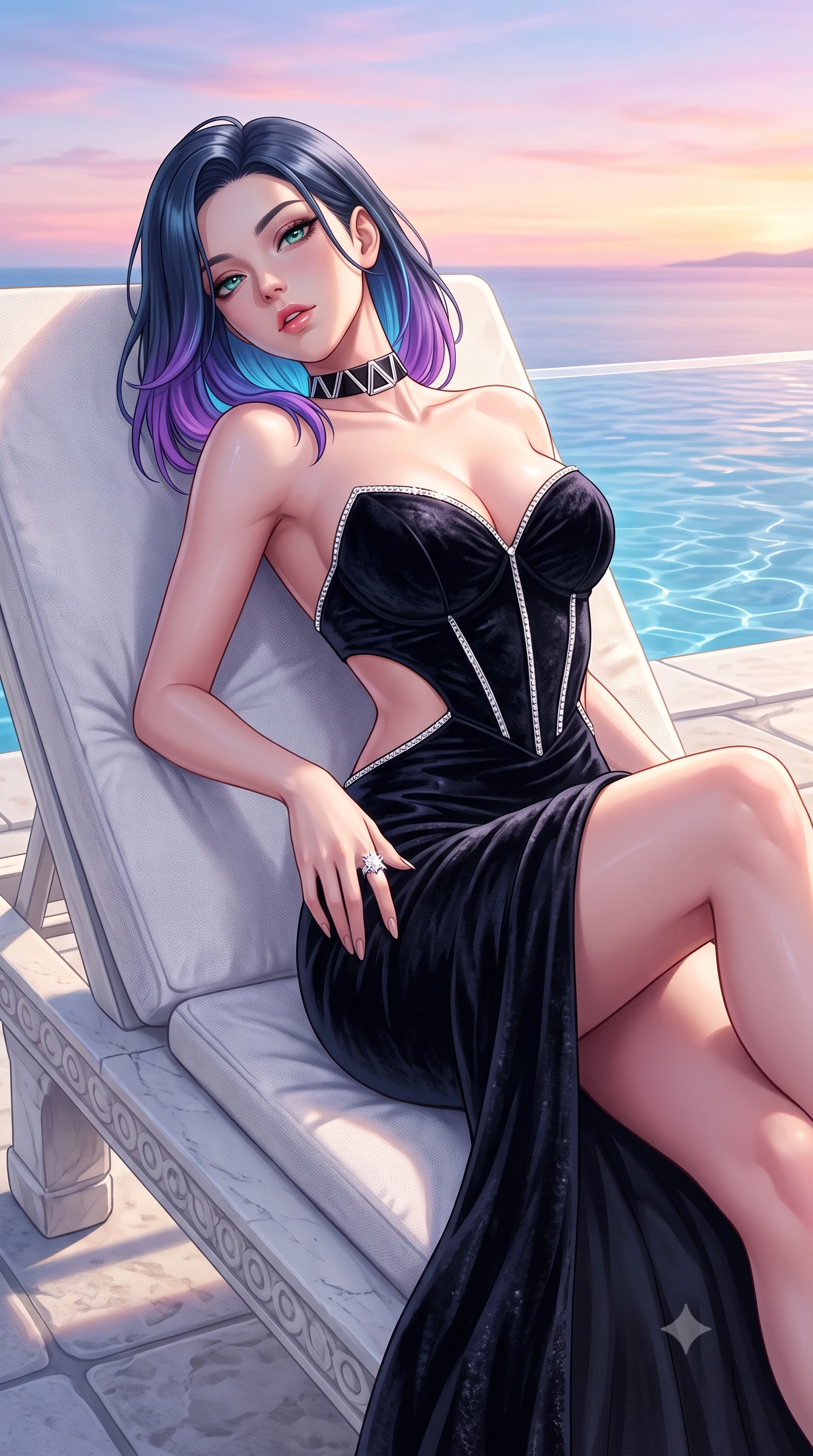 score_9, masterpiece, best quality, ultra-detailed, high-budget anime keyframe, semi-realistic 3D game render, editorial fashion photography, tasteful artistic composition, Caucasian woman. close-up cowboy shot from the waist and thighs up, the character dominates the composition, filling the frame with her large presence. turning over a bare shoulder with an intoxicating, teasing smile, her soft hair framing her sharp jawline as her hips angle gracefully while reclining languidly on a white stone sunbed with one knee raised, head tilted back toward the pastel Aegean skies with parted lips. The surrounding environment is rendered in vivid detail and crisp panoramic clarity. detailed linen dress weave, pool water ripple clarity, and sunset horizon gradients in high resolution. She has an exceptionally elegant, slender, and willowy female figure with an ultra-slim waist, flat toned midriff, narrow ribcage, and sculpted feminine hips creating an alluring, slim hourglass silhouette without bulk. sharp v-shaped jawline, high-bridge nose, intricate jewel-like eyes with depth, thick eyelashes, glossy parted lips with a natural sheen, intensely captivating and seductive bedroom-eyes expression, flawlessly proportioned anatomical accuracy, strict slender model proportions, natural body alignment, perfectly sculpted long slender limbs, ultra-slim waistline, clean dynamic posture without body distortion. wearing a deep sweetheart neckline crushed velvet corseted ballgown with an exposed midriff cutout in pitch-black velvet with diamond crystal trim, made of fluid silk crepe with delicate inner corsetry boning, complemented by a bold geometric choker and sparkling cocktail ring, the precision-cut side openings and low-back scoop framing her graceful spine and the sensual sweep of her slim, toned hips. surrounded by an idyllic, sun-drenched, and breathlessly romantic Aegean goddess aura. highly saturated vibrant anime colors, detailed shading with soft gradients, rich glossy textures, high-contrast stereoscopic depth, volumetric dynamic lighting, master piece, 9:16 ratio