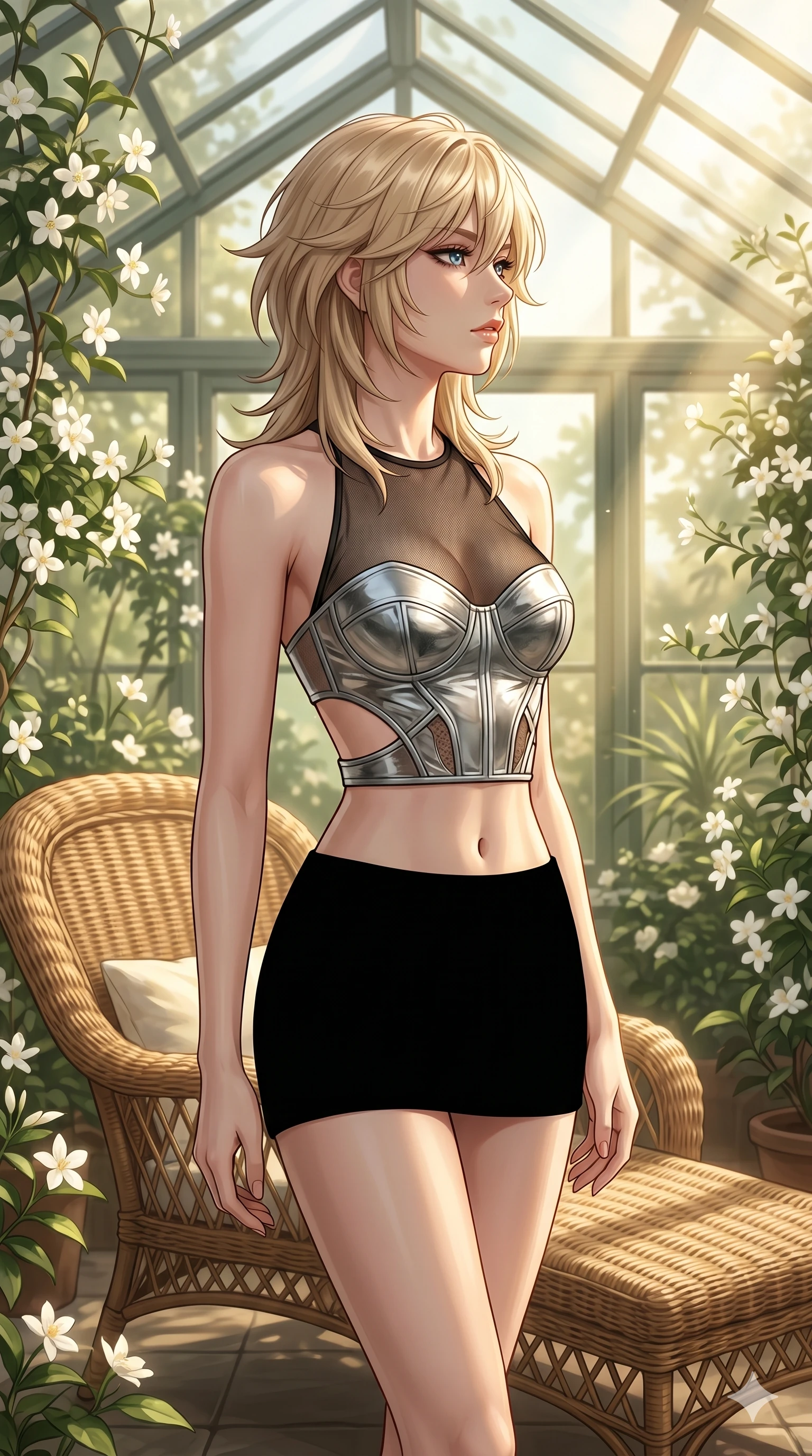 score_9, masterpiece, best quality, ultra-detailed, high-budget anime keyframe, editorial fashion photography, tasteful artistic composition, Japanese woman. cowboy shot from the thighs up, character and outfit filling the frame for maximum editorial presence. posing with quiet magnetic self-assurance, her face turned in a sharp profile against the golden light inside a sun-drenched greenhouse conservatory with climbing white jasmines and wicker chaise lounge (Code-P026). She has an absolutely perfect 8-heads proportion, an exceptionally tall and slender female figure with impossibly long slender legs and an ultra-slim waist. V-shaped jawline, high-bridge nose, intricate jewel-like eyes with depth, thick eyelashes, glossy lips with a natural sheen. wearing a sheer mesh crop halter top over a structured silver bustier with side cutouts showing her midriff. drenched in soft morning sunbeams filtering through the glass roof, highlighting her delicate clavicle. 2k, ultra detail, master piece, 9:16 ratio