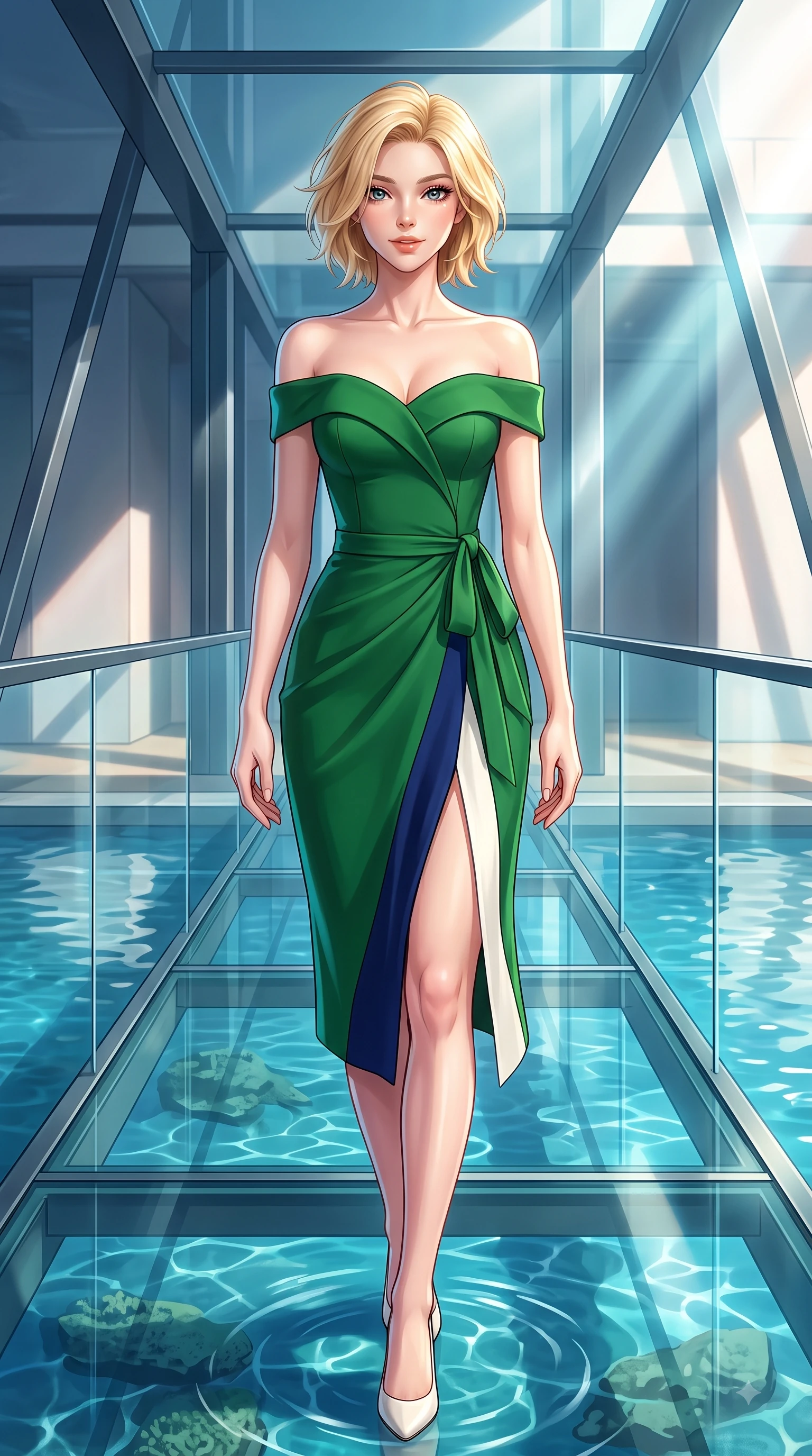 score_9, masterpiece, best quality, ultra-detailed, high-budget anime keyframe, editorial fashion photography, tasteful artistic composition, Caucasian woman. close-up cowboy shot from the waist and thighs up, the character dominates the composition, filling the frame with her large presence. Radiant anticipation in her face, glowing with hopeful curiosity and warm expectant energy while stepping gracefully along a glass bridge overlooking a sunlit indoor reflecting pool. The surrounding environment is rendered in vivid detail and crisp panoramic clarity. dramatic architectural light beams, reflecting pool ripples, and sharp structural framing in high clarity. She has an exceptionally elegant, slender, and willowy female figure with an ultra-slim waist, a gracefully sculpted slender torso, and a refined silhouette. sharp v-shaped jawline, high-bridge nose, intricate jewel-like eyes with depth, thick eyelashes, glossy lips with a natural sheen, flawlessly proportioned anatomical accuracy, natural body alignment, perfectly sculpted elegant limbs, clean dynamic posture without body distortion. wearing a vibrant forest green off-shoulder midi dress with a tasteful front slit in royal navy blue and pure ivory, tailored from structured wool crepe with clean lines, accented with a delicate side waist sash creating fluid lines, the sleek second-skin fit accentuating her magnetic presence. illuminated by polished specular highlights and cool futuristic rim lighting. highly saturated vibrant anime colors, detailed shading with soft gradients, rich glossy textures, high-contrast stereoscopic depth, volumetric dynamic lighting, master piece, 9:16 ratio