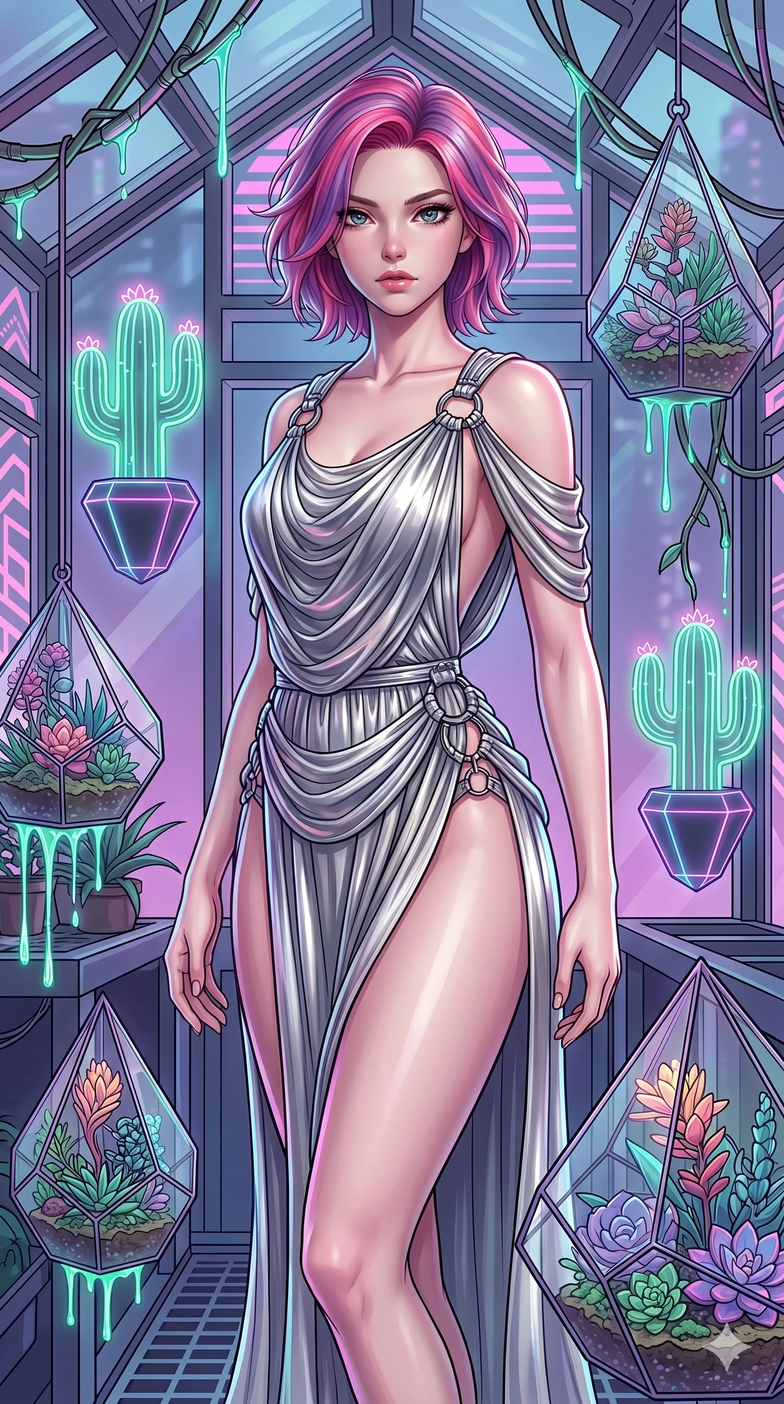 score_9, masterpiece, best quality, ultra-detailed, high-budget anime keyframe, Korean woman. upper body close-up from the thighs up, character filling the screen for maximum presence. standing in a retro-futuristic synthwave greenhouse where glowing neon cacti and polyhedral glass terrariums float around her, while fluorescent cyber-sap drips from cybernetic vines. She has an absolutely perfect 8-heads proportion, an exceptionally tall and slender female figure with impossibly long slender legs and an ultra-slim waist. V-shaped jawline, high-bridge nose, intricate jewel-like eyes with depth, thick eyelashes, glossy lips with a natural sheen.. wearing a draped Grecian cyber-gown, featuring draped silver metallic chiffon held by metal ring hardware, displaying a high-leg line. lit by a soft glowing ambient light and a sharp side key light that traces the sleek contours of her athletic build. 2k, ultra detail, master piece, 9:16 ratio