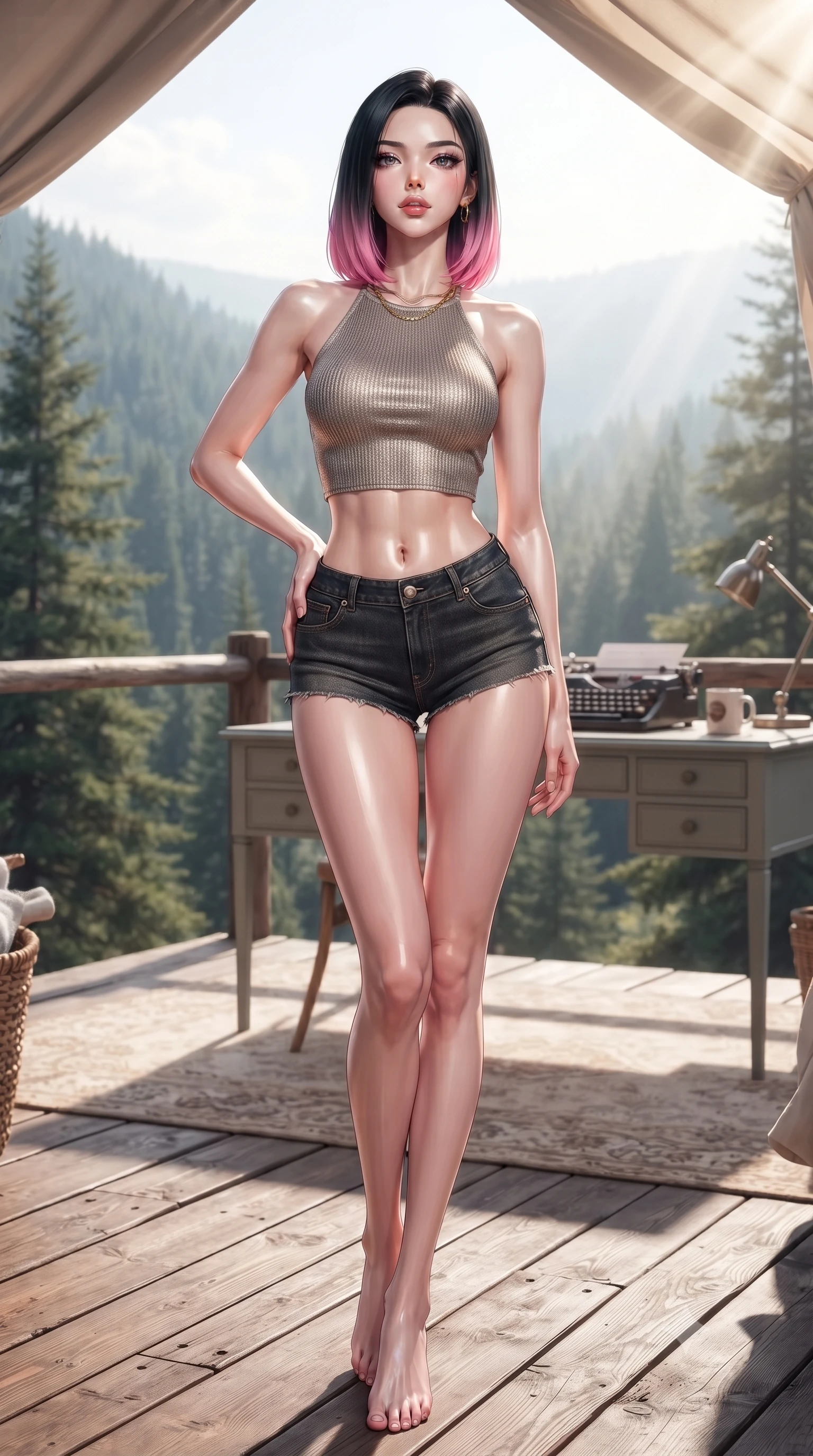 score_9, masterpiece, best quality, ultra-detailed, high-budget anime keyframe, editorial fashion photography, tasteful artistic composition, Korean woman. low angle full-body shot from head to toe showing her feet, filling the entire 9:16 vertical frame with her statuesque presence, stretching her vertical silhouette. posing confidently with one hand on her hip, stretching her statuesque body to emphasize her curves the background shows a soft-focus a quiet writing desk on a glamping veranda facing a pine-covered valley. She has an absolutely perfect, statuesque 8.5-heads proportion, an exceptionally tall and slender model-like female figure with impossibly long slender legs and an ultra-slim waist. sharp v-shaped jawline, high-bridge nose, intricate jewel-like eyes with depth, thick eyelashes, glossy lips with a natural sheen. wearing a slim-fit chic knit halter crop top paired with denim micro-shorts, showing her delicately sculpted midriff. bright morning sun rays creating fresh and energetic shadows. ultra-reflective glossy finish, specular highlights, metallic sheen, high-contrast stereoscopic depth, volumetric dynamic lighting, 2k, ultra detail, master piece, 9:16 ratio