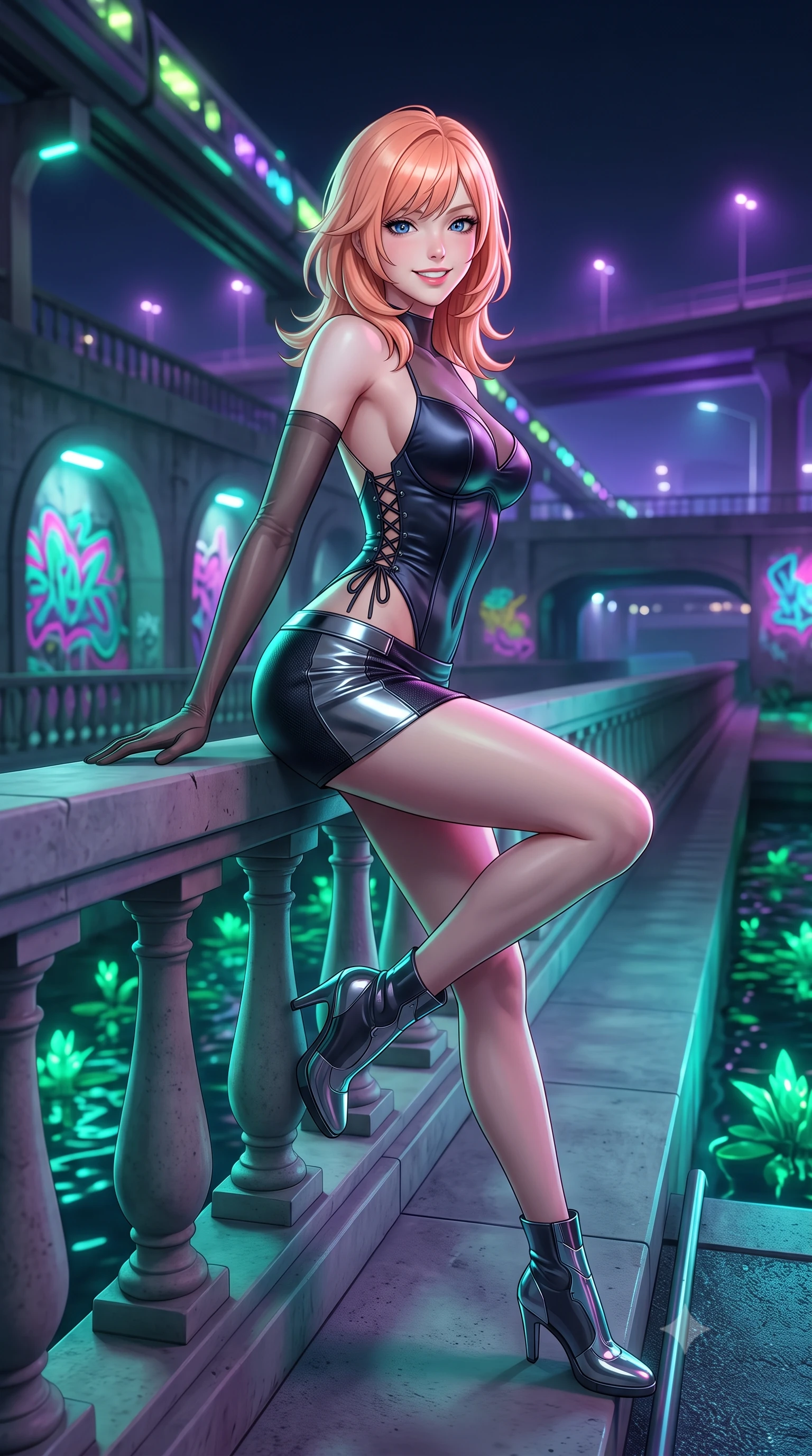 score_9, masterpiece, best quality, ultra-detailed, high-budget anime keyframe, semi-realistic 3D game render, editorial fashion photography, tasteful artistic composition, Japanese woman. low angle full-body shot from head to toe showing her feet, filling the entire 9:16 vertical frame with her statuesque presence, stretching her vertical silhouette. leaning deep against the balcony balustrade with hips cocked back in an unapologetically alluring high-fashion stance, casting an intoxicating glance while sitting poised on the sleek concrete canal ledge with one knee bent, arching her back with playful elegance and parted glossy lips. The background shows a soft-focus bioluminescent emerald water plants, neon graffiti decals glowing on concrete arches, and overhead maglev track lights blurred into lime, violet, and turquoise bokeh. She has an exceptionally tall and slender model-like 8.5-heads proportion, an ultra-slim waist, a flat toned midriff, narrow delicate ribcage, and beautifully sculpted feminine hips creating a graceful, slim hourglass silhouette without any bulky heaviness, with impossibly long slender legs. sharp v-shaped jawline, high-bridge nose, intricate jewel-like sparkling eyes with depth, thick eyelashes, glossy parted lips with a natural peach sheen, bright cheerful beaming smile with an enchanting and coquettish sensual glint, exuding both youthful cute charm and seductive allure, flawlessly proportioned anatomical accuracy, strict slender model proportions, natural body alignment, perfectly sculpted long slender limbs, ultra-slim waistline, clean dynamic posture without body distortion. wearing a sculpted satin cyber-corset with lace-up side ties paired with a low-rise micro skirt in matte carbon fiber black and polished chrome, crafted from bespoke double-faced cashmere with an exceptionally soft tactile finish, complemented by sheer opera-length evening gloves tracing her slender arms, the precision-cut side openings and low-back scoop framing her graceful spine and the sensual sweep of her slim, toned hips. bathed in vivid emerald-cyan underwater LEDs combined with ambient violet floodlights from the highway bridges. highly saturated vibrant anime colors, detailed shading with soft gradients, rich glossy textures, high-contrast stereoscopic depth, volumetric dynamic lighting, master piece, 9:16 ratio