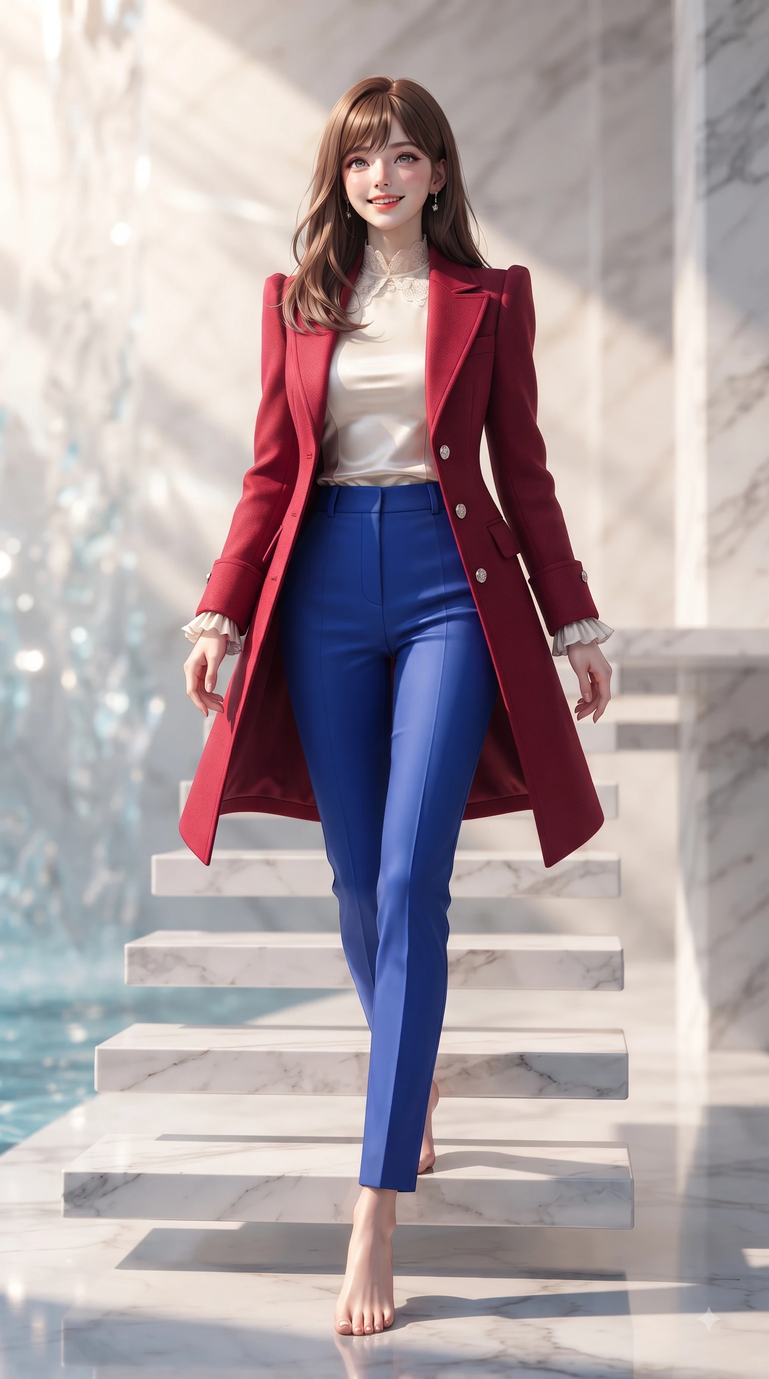 score_9, masterpiece, best quality, ultra-detailed, high-budget anime keyframe, editorial fashion photography, tasteful artistic composition, Korean woman. low angle full-body shot from head to toe showing her feet, filling the entire 9:16 vertical frame with her statuesque presence, stretching her vertical silhouette. Youthful cheerful smile exuding cute playful charm and radiant sparkle in her eyes while ascending a minimalist floating staircase with flawless statuesque proportions. The composition keeps background elements in soft focus with dreamy bokeh. sunlit water refractions and marble pillars softened by creamy shallow depth of field. She has an absolutely perfect, statuesque 8.5-heads proportion, an exceptionally tall and slender model-like female figure with impossibly long slender legs and an ultra-slim waist. sharp v-shaped jawline, high-bridge nose, intricate jewel-like eyes with depth, thick eyelashes, glossy lips with a natural sheen, flawlessly proportioned anatomical accuracy, natural body alignment, perfectly sculpted elegant limbs, clean dynamic posture without body distortion. wearing a tailored crimson red wool coat over a fitted ivory silk top and tailored trousers in electric cobalt blue and polished silver accent, crafted from smooth liquid silk satin, accented with delicate pearl buttons and refined ruffle trims, the tailored fit highlighting her statuesque and model-like silhouette. illuminated by polished specular highlights and cool futuristic rim lighting. ultra-reflective glossy finish, specular highlights, metallic sheen, high-contrast stereoscopic depth, volumetric dynamic lighting, 2k, ultra detail, master piece, 9:16 ratio