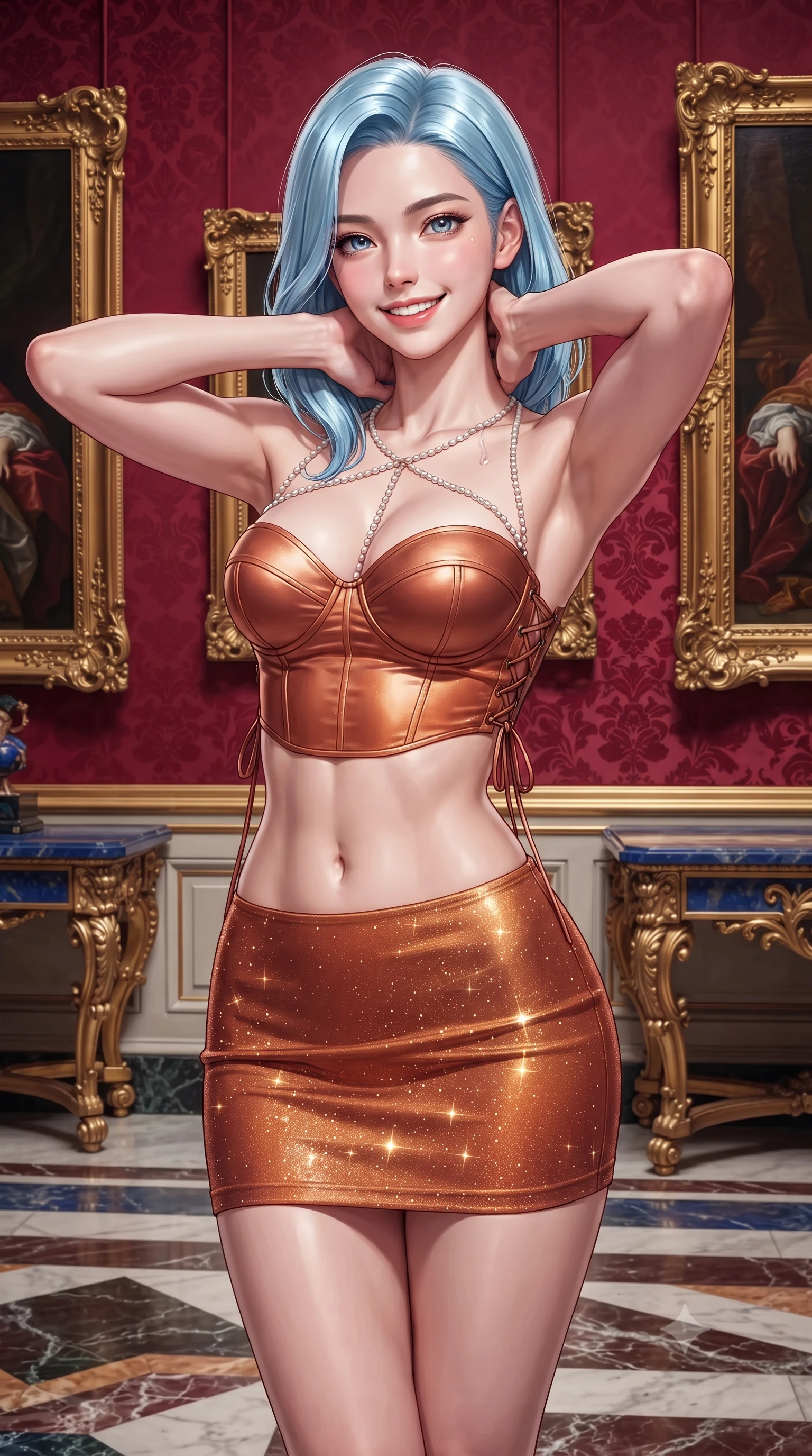 score_9, masterpiece, best quality, ultra-detailed, high-budget anime keyframe, editorial fashion photography, tasteful artistic composition, Korean woman. close-up cowboy shot from the waist and thighs up, the character dominates the composition, filling the frame with her large presence. resting both hands lightly behind her neck with elbows raised, arching her spine to highlight her narrow waist, flat midriff, and breathtaking collarbones while standing centered in the monumental royal gallery surrounded by deep crimson silk damask walls hung with heavy gold-framed Renaissance masterworks, arching her lower back with sovereign charisma. The surrounding environment is rendered in vivid detail and crisp panoramic clarity: sharp hand-carved gilded frame acanthus scrollwork, pietre dure lapis lazuli table inlays, and polished marble floor veining in deep focus. She has an exceptionally elegant, slender, and willowy female figure with an ultra-slim waist, flat toned midriff, narrow ribcage, and sculpted feminine hips creating an alluring, slim hourglass silhouette without bulk. sharp v-shaped jawline, high-bridge nose, intricate jewel-like sparkling eyes with depth, thick eyelashes, glossy parted lips with a natural peach sheen, bright cheerful beaming smile with an enchanting and coquettish sensual glint, exuding both youthful cute charm and seductive allure, flawlessly proportioned anatomical accuracy, strict slender model proportions, natural body alignment, perfectly sculpted long slender limbs, ultra-slim waistline, clean dynamic posture without body distortion. wearing a sculpted satin underwire crop bustier with lace-up side ties paired with a micro skirt in Florentine Renaissance Medici terracotta and warm gilded ochre, woven from stretch metallic lurex jersey casting radiant starlight glints across her curves, accented with a pearl-drop body harness subtly framing her dewy collarbones and spine, the liquid-tight tailored fabric clinging flawlessly to her narrow waist and rounded feminine hips, emphasizing every millimeter of her sculpted slim hourglass curves without any bulky heaviness. illuminated by marble floor reflection bounce and sharp rose-gold rim lights defining her dewy collarbones, ultra-slim waist, and curvy hips. ultra-reflective glossy finish, specular highlights, rich textural contrasts, high-contrast stereoscopic depth, volumetric dynamic lighting, 2k, ultra detail, master piece, 9:16 ratio