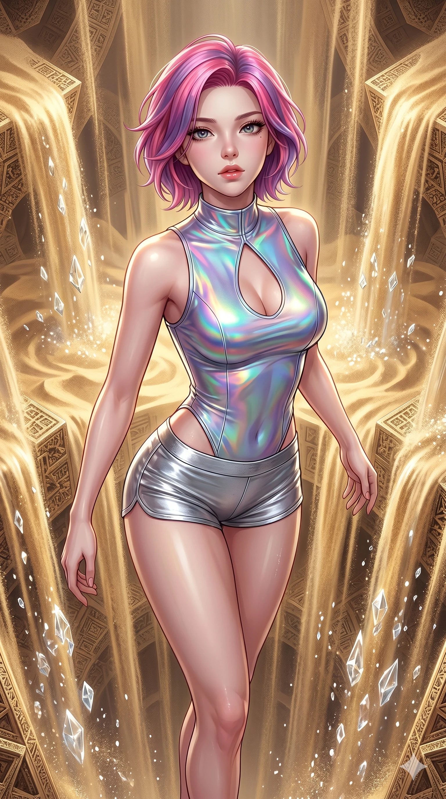 score_9, masterpiece, best quality, ultra-detailed, high-budget anime keyframe, Korean woman. upper body close-up from the thighs up, character filling the screen for maximum presence. descending through a fractal quicksand temple where golden sand waterfalls transform into glass crystals, revealing intricate repeating patterns. She has an absolutely perfect 8-heads proportion, an exceptionally tall and slender female figure with impossibly long slender legs and an ultra-slim waist. V-shaped jawline, high-bridge nose, intricate jewel-like eyes with depth, thick eyelashes, glossy lips with a natural sheen.. wearing a holographic liquid silk vest and silver metallic micro-shorts, featuring a keyhole cutout and form-fitting silhouette. lit by a soft glowing ambient light and a sharp side key light that traces the sleek contours of her athletic build. 2k, ultra detail, master piece, 9:16 ratio