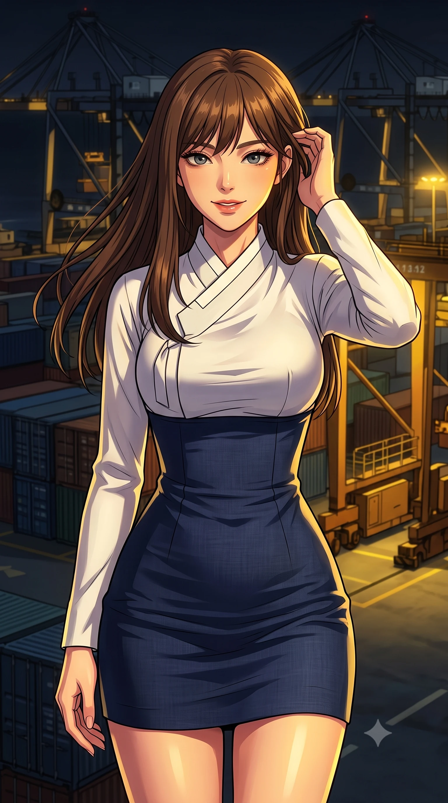 score_9, masterpiece, best quality, ultra-detailed, high-budget anime keyframe, tasteful artistic composition, Korean woman. close-up cowboy shot from the waist and thighs up, the character dominates the composition, filling the frame with her large presence, background elements kept in soft focus. smiling with quiet, magnetic self-assurance directly into the camera, running a hand through her hair the background shows a soft-focus a dark industrial docks area with shipping containers and automated cargo cranes. She has an exceptionally elegant, slender, and willowy female figure with an ultra-slim waist, a gracefully sculpted slender torso, and a refined silhouette. sharp v-shaped jawline, high-bridge nose, intricate jewel-like eyes with depth, thick eyelashes, glossy lips with a natural sheen. wearing a body-hugging modern fusion hanbok dress with a navy blue linen skirt and a high-neck white silk jeogori wrapper. harsh sodium yellow spotlights casting long dramatic industrial shadows. highly saturated vibrant anime colors, cel-shading, 2d style, master piece, 9:16 ratio