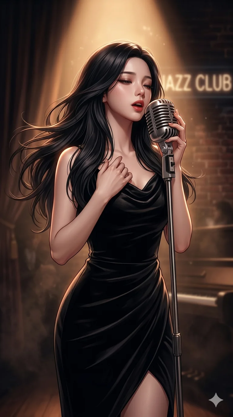 score_9, score_8_up, score_7_up, source_anime, masterpiece, best quality, ultra-detailed, same character with long flowing black hair, wearing a classic elegant black cocktail dress, upper body close-up from thigh up filling the screen, singing passionately into a vintage silver microphone with eyes half-closed, dramatic jazz club stage spotlight, 2k, 9:16 ratio