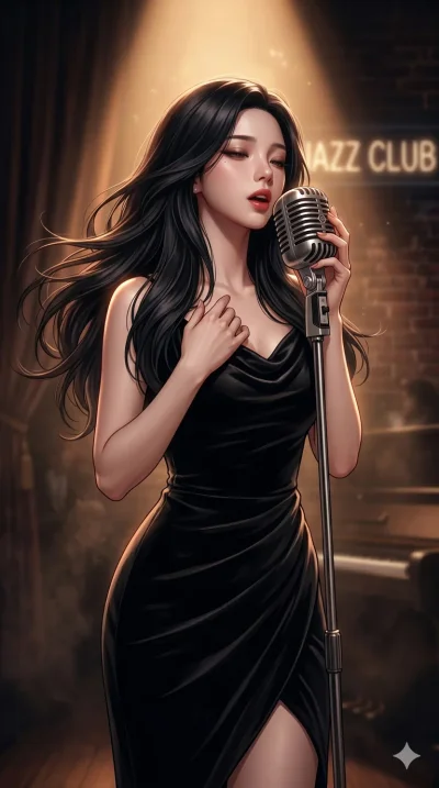 score_9, score_8_up, score_7_up, source_anime, masterpiece, best quality, ultra-detailed, same character with long flowing black hair, wearing a classic elegant black cocktail dress, upper body close-up from thigh up filling the screen, singing passi